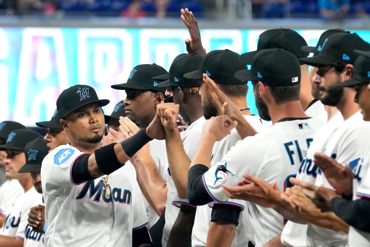 Miami Marlins second baseman Luis Arraez is introduced for the team's opening day baseball game against the New York Mets, Thursday, March 30, 2023, in Miami. (AP Photo/Lynne Sladky)