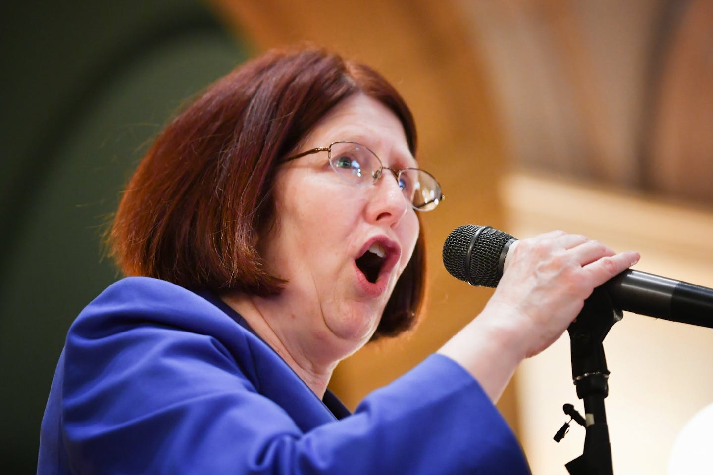 Rep. Tina Liebling, DFL-Rochester spoke in support of Minority Leader Melissa Hortman at a rally of her supporters in the Capitol Rotunda Tuesday morning.