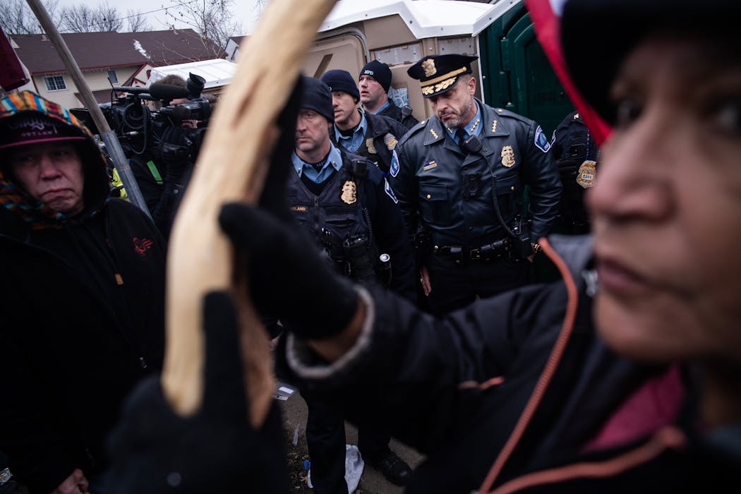 Minneapolis Police Chief Brian O’Hara arrived ahead of the shutdown of Camp Nenookaasi in Minneapolis on Thursday.
