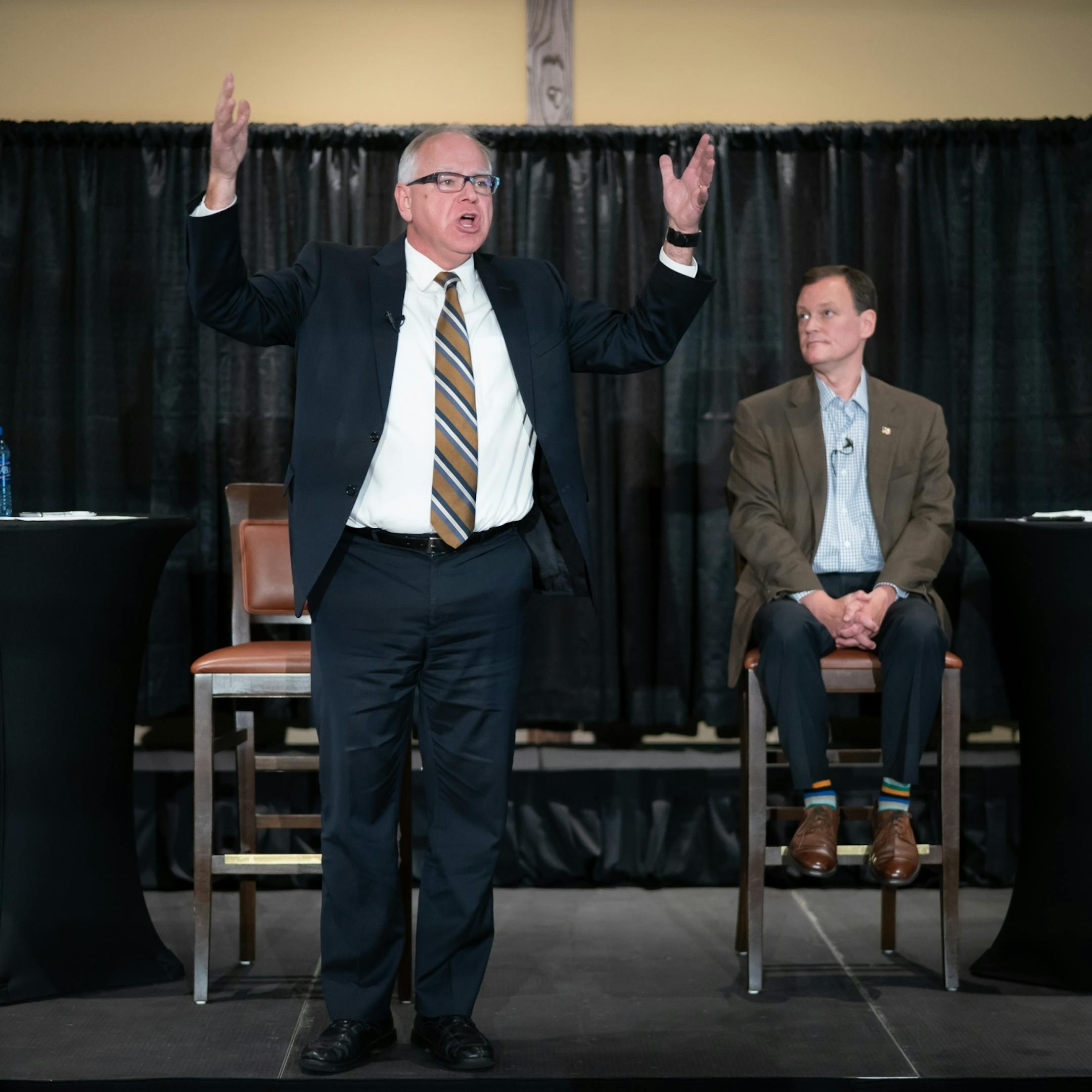 Each candidates for governor, Tim Walz and Jeff Johnson, stood as they made their closing arguments at the end of their first debate at Grand View Lodge, Nisswa, MN. Tom Hauser of KSTP moderated the debate.