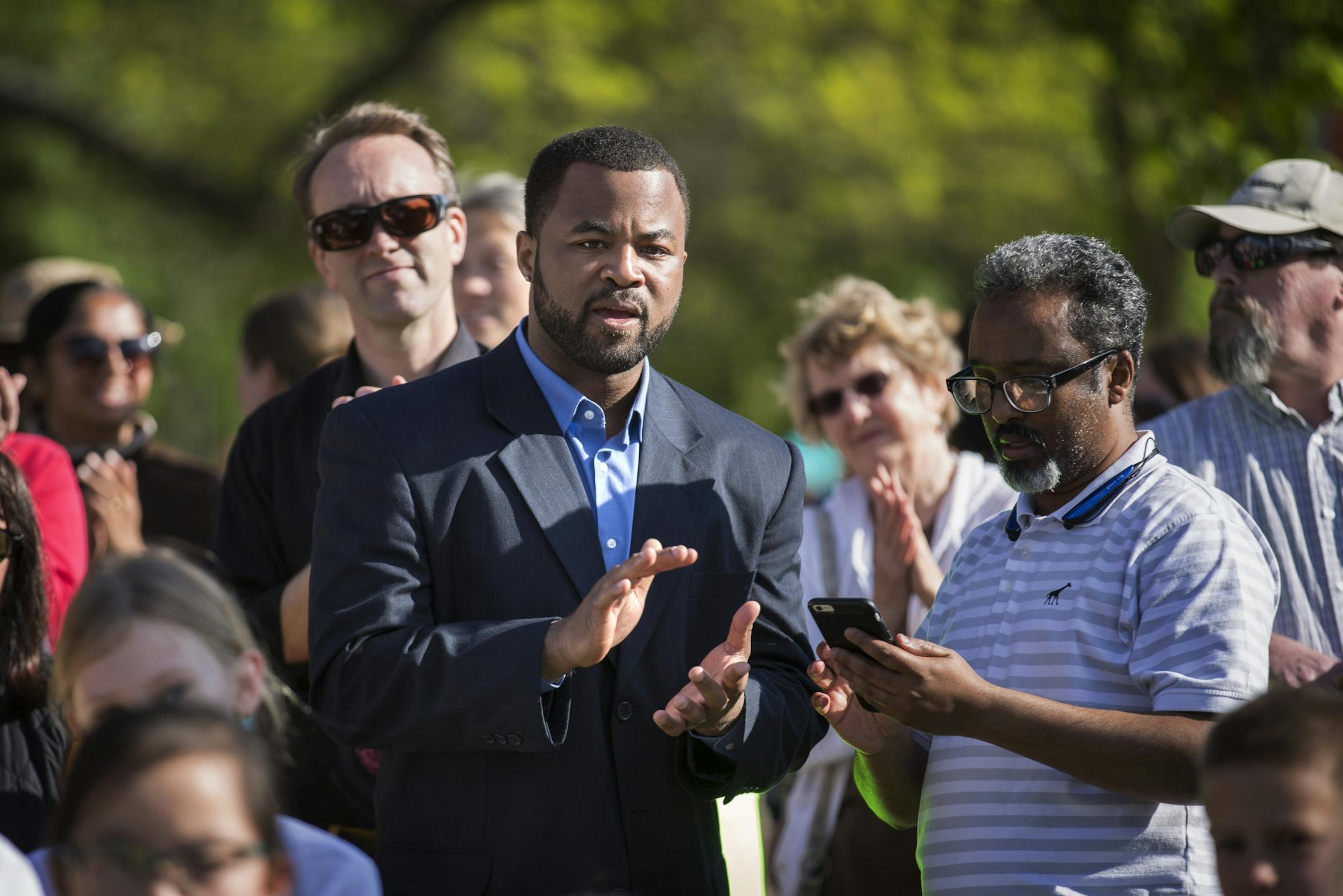 Rashad Turner, of Black Lives Matter St. Paul, at a rally to protest cuts to music, art and other programs in the St. Paul school district.