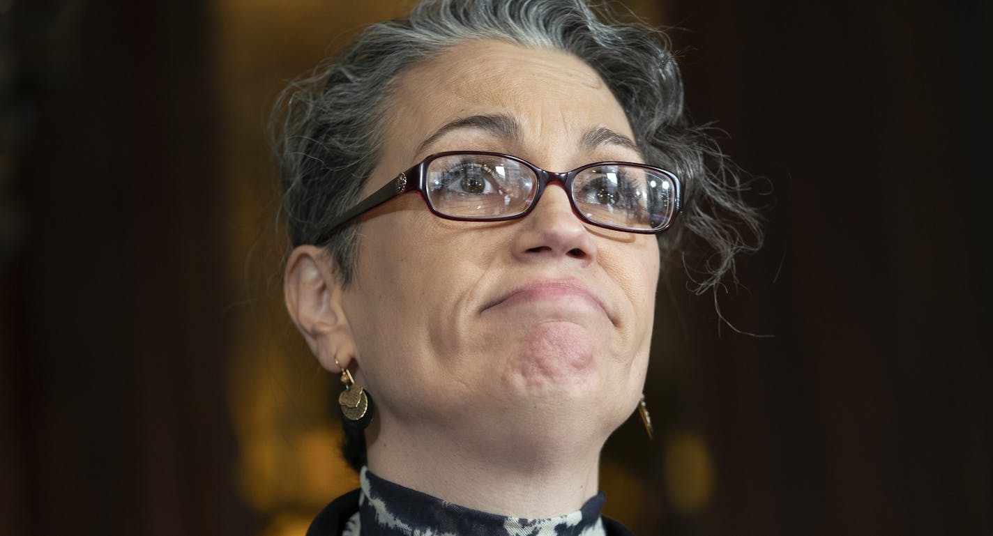 Laura Stearns read a statement at a press conference at attorney Jeff Anderson's office after a Minneapolis jury found the Children's Theatre negligent in the sexual abuse of Stearns in the 1980s but did not award damages. The jury also found former Children's Theatre employee and restaurateur Jason McLean liable in the sexual and awarded his victim, Stearns, $3.68 million. Photographed in St. Paul, Minn., on Friday, February 1, 2019. ] RENEE JONES SCHNEIDER &#xa5; renee.jones@startribune.com