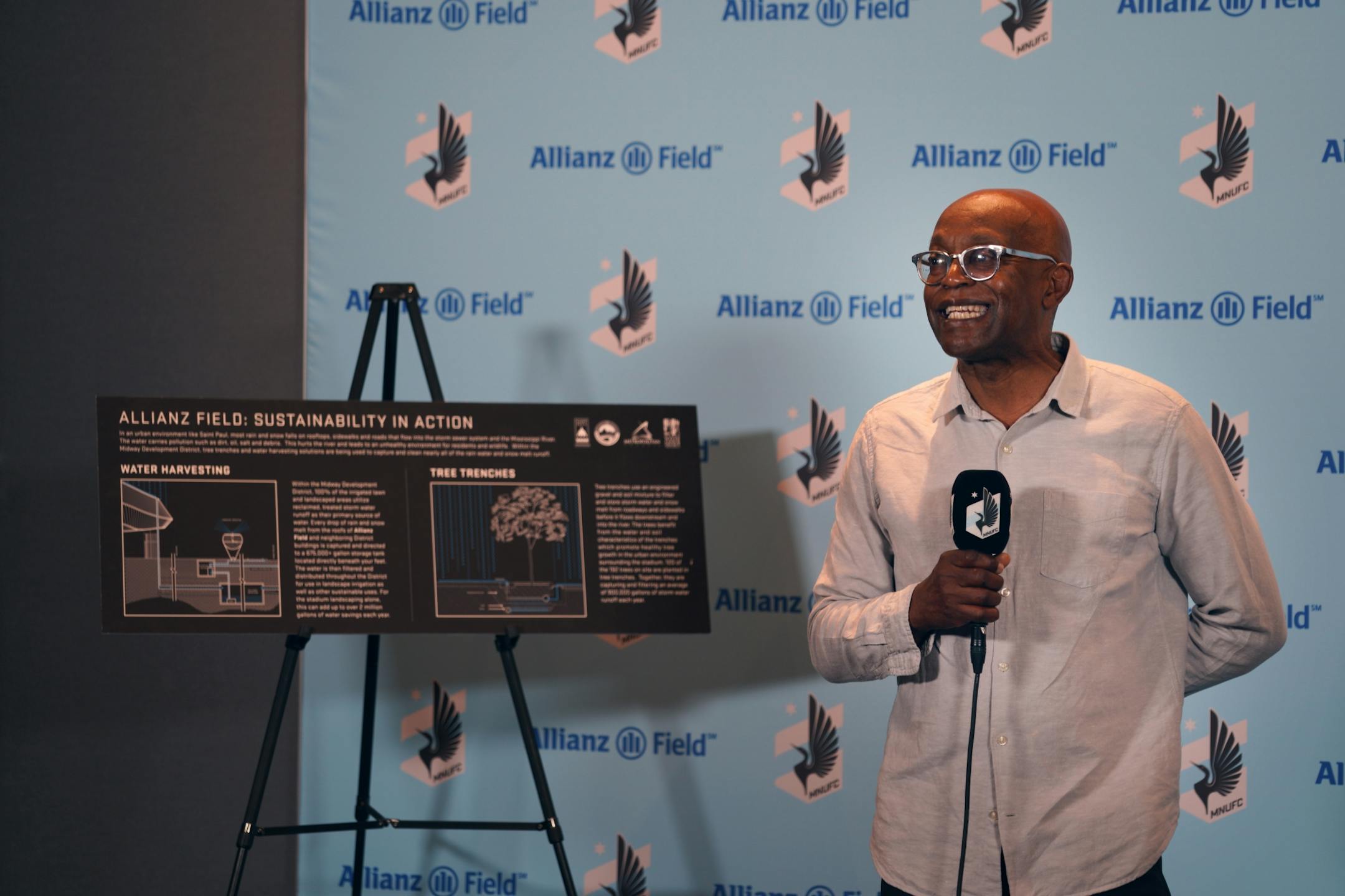 The City of Saint Paul and Minnesota United unveiled an interpretive monument honoring the new cutting-edge rainwater reuse system, complete with laser-etched diagrams of the water harvesting process and tree-trench irrigation system. Here, Seitu Jones with the Capitol Region Watershed District, describes the system.