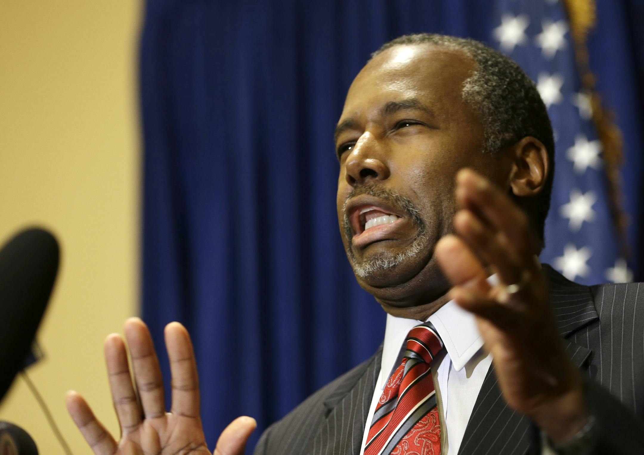 Republican presidential candidate Ben Carson speaks during a news conference before attending a Black Republican Caucus of South Florida event benefiting the group's scholarship fund Friday, Nov. 6, 2015, in Palm Beach Gardens, Fla. (AP Photo/Alan Diaz)