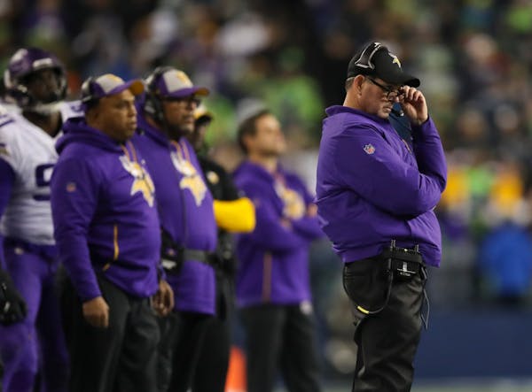 Vikings head coach Mike Zimmer on the sidelines in the fourth quarter against Seattle