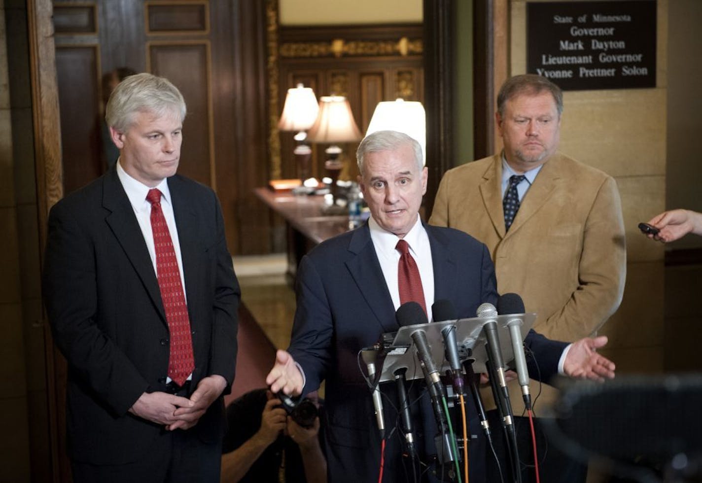 Governor Mark Dayton and DFL leaders Thomas Bakk and Paul Thissen.