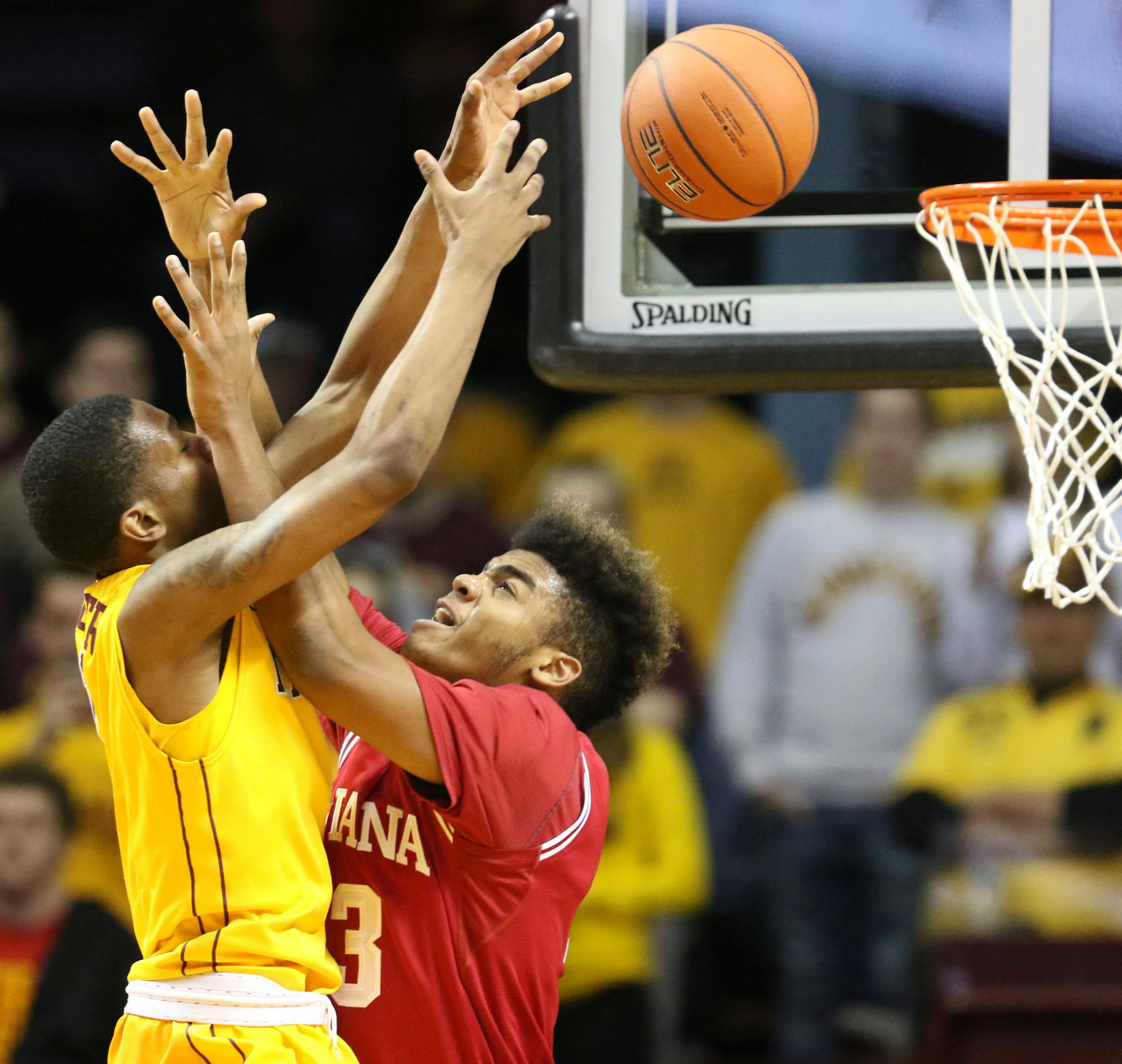 The University of Minnesota's Dupree McBrayer (1) put up a shot over the University of Indiana's Juwan Morgan (13) during the first half of the Gophers 70-63 win Saturday, Jan. 16, 2016, at Williams Arena in Minneapolis, MN.](DAVID JOLES/STARTRIBUNE)djoles@startribune.com the University of Indiana versus the University of Minnesota
