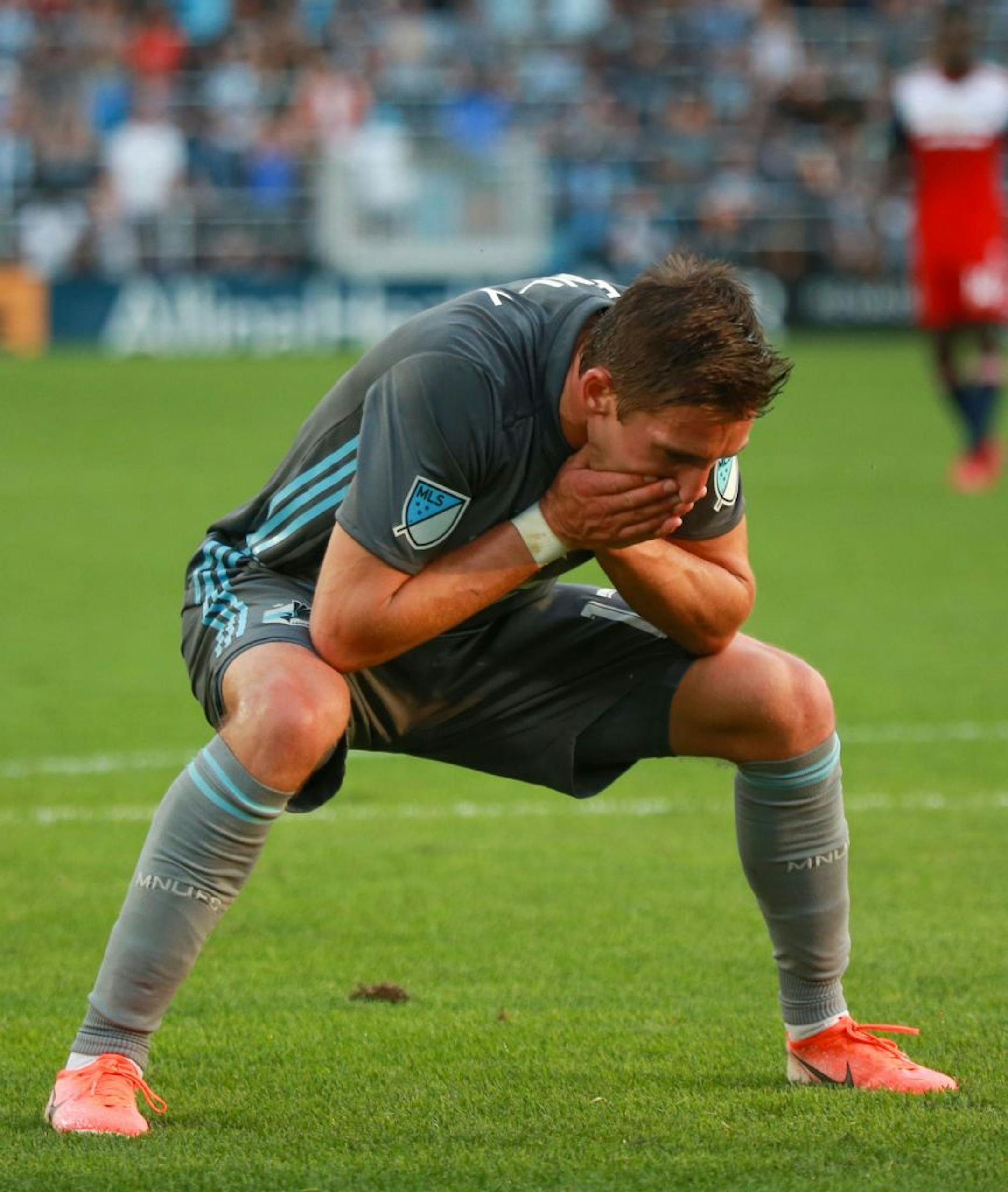 Ethan Finlay (13) reacts after narrowly missing a shot wide left. ALEX KORMANN ¥ alex.kormann@startribune.com The Minnesota United FC took on FC Dalls on Saturday July 13, 2019 at Allianz Field in St. Paul, MN.