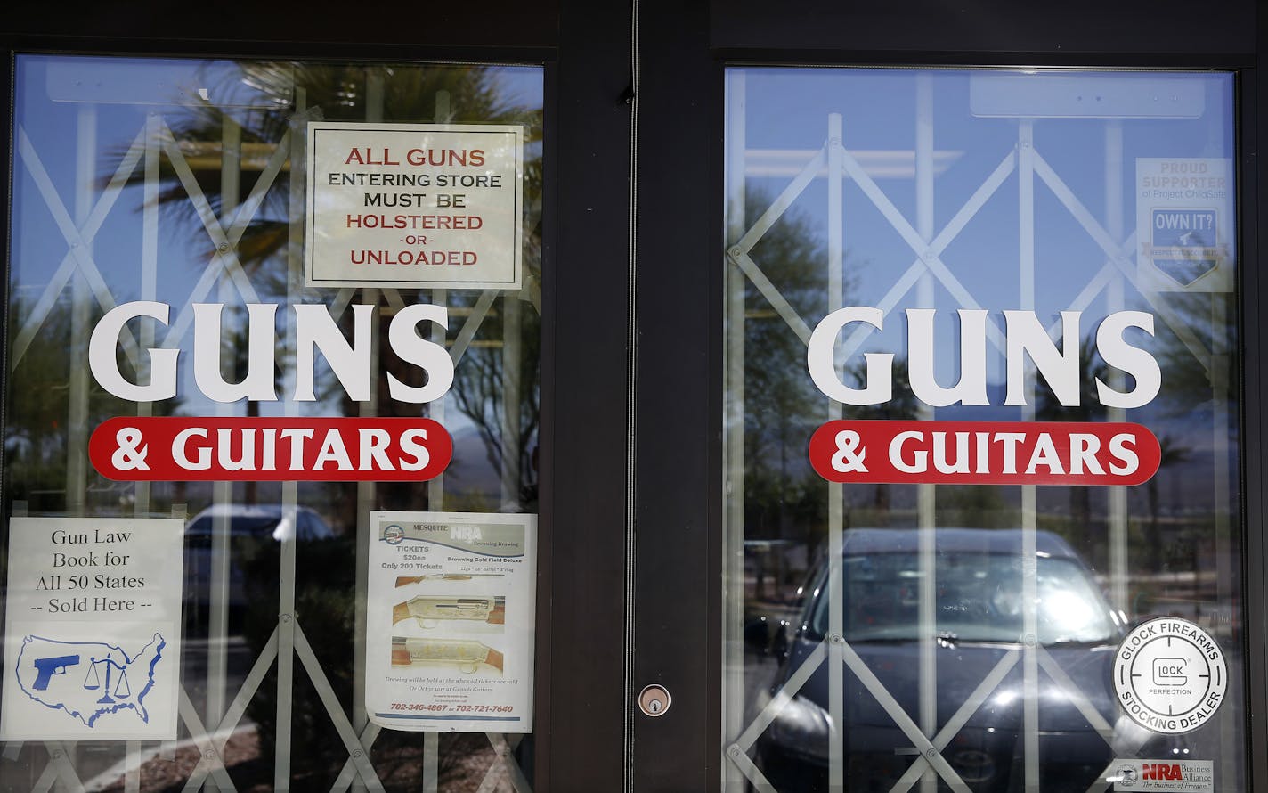 Guns & Guitars, where Stephen Paddock bought a handgun and two rifles within the last year, according to the store's manager, in Mesquite, Nev., Oct. 2, 2017. More than 19 rifles were found in the hotel room of Paddock, the gunman in the Las Vegas mass shooting that killed at least 58 people, a law enforcement official confirmed, along with hundreds of rounds of ammunition. (Isaac Brekken/The New York Times)