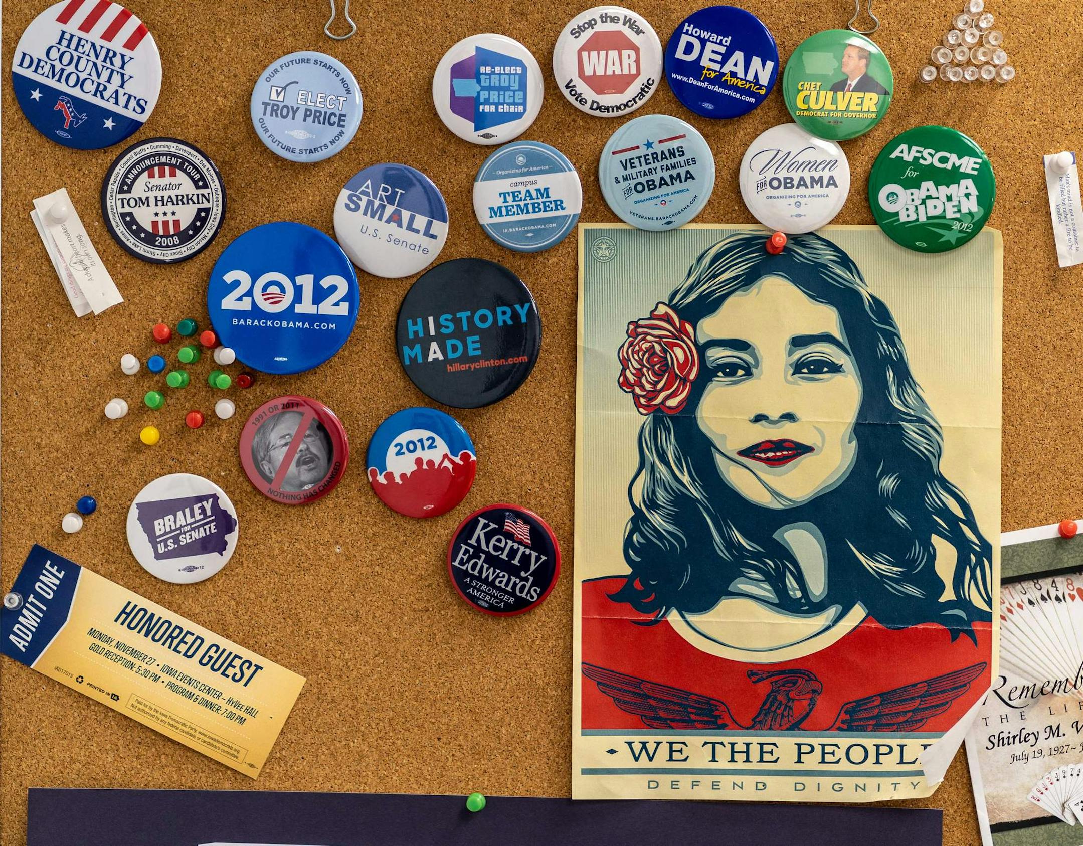 A collection of pins from different campaigns are pictures at Iowa Democratic Party Chair Troy Price's office on January 30, 2020 in Des Moines, Iowa. - The Democrats hoping to clinch victory in the first contest of the presidential primary season begin a final push for votes in the midwestern state of Iowa, with senators who have been stuck in Washington by Donald Trump's impeachment trial looking to make up for lost time. (Photo by Kerem Yucel / AFP) (Photo by KEREM YUCEL/AFP via Getty Images)