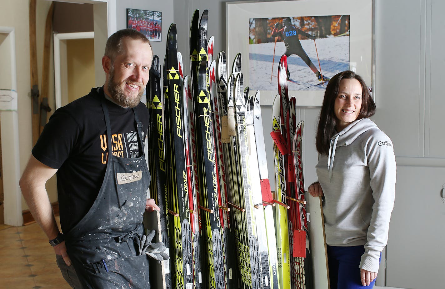 Bjorn and his wife Kristin Hanson at Out There Nordic Sports ski shop, Thursday, February 4, 2016 in Rice Lake, Wis. The couple run the small ski shop that supports and sponsors several Olympic athletes. ] (ELIZABETH FLORES/STAR TRIBUNE) ELIZABETH FLORES &#x2022; eflores@startribune.com