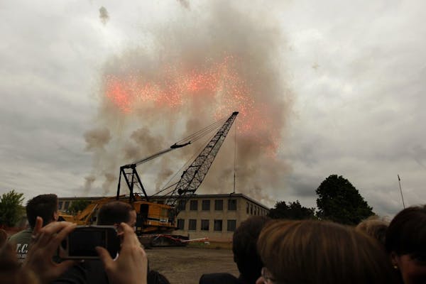 Fireworks shot from the roof of the former Twin Cities Army Ammunition Plant (TCAAP) in Arden Hills during a ground-breaking ceremony in 2013.