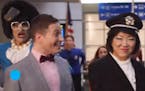 In a picture taken from video, Miss Richfield, left, stars as a flight attendant in a national ad for Orbitz.