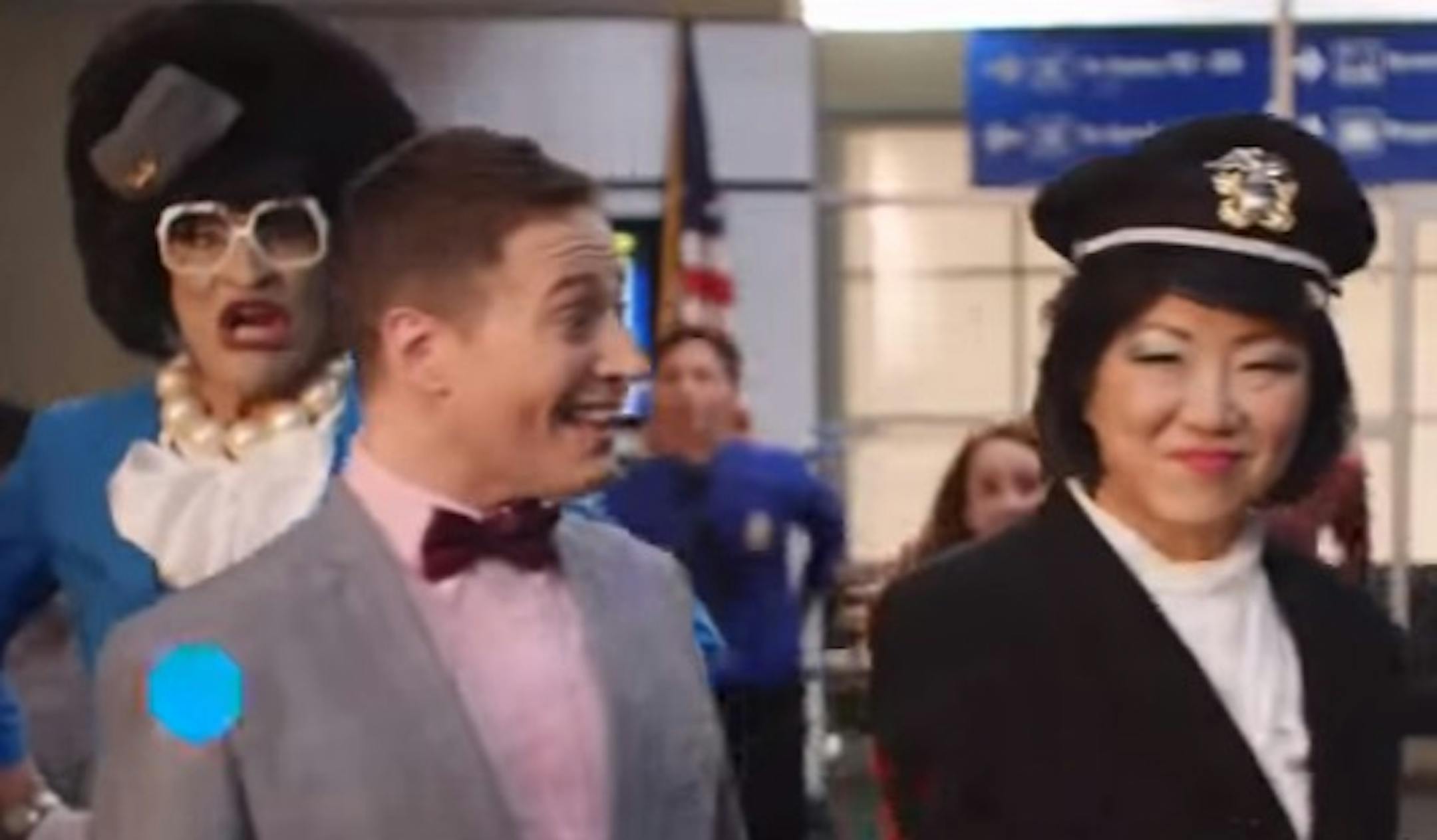In a picture taken from video, Miss Richfield, left, stars as a flight attendant in a national ad for Orbitz.