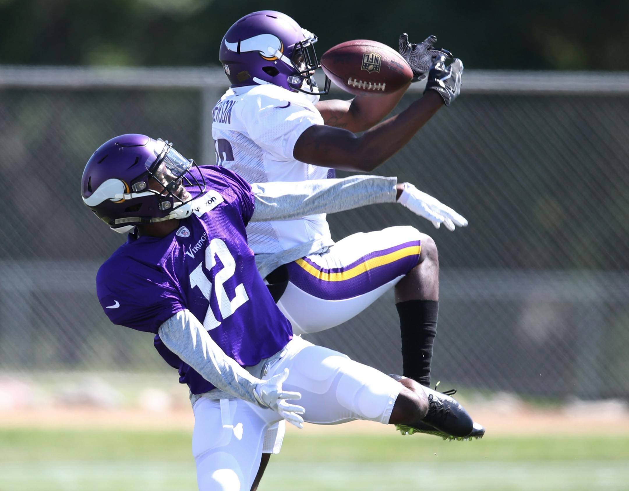 Minnesota Vikings defensive back Tre Roberson (36) intercepted a pass intended for receiver Rodney Adams (12) at Minnesota State University Mankato Saturday July 29, 2017 in Mankato , MN.