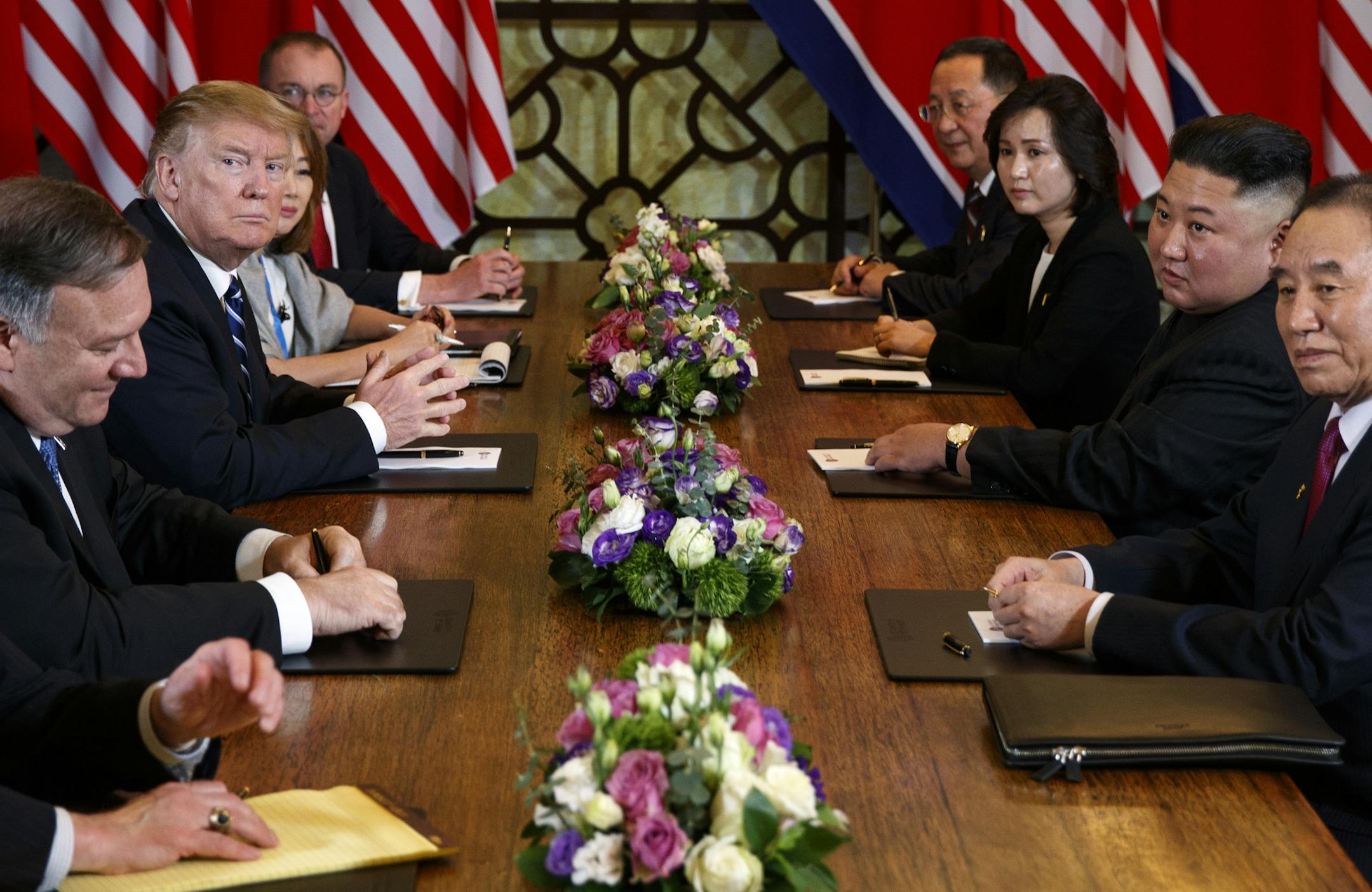 President Donald Trump meets North Korean leader Kim Jong Un, Thursday, Feb. 28, 2019, in Hanoi. (AP Photo/ Evan Vucci)