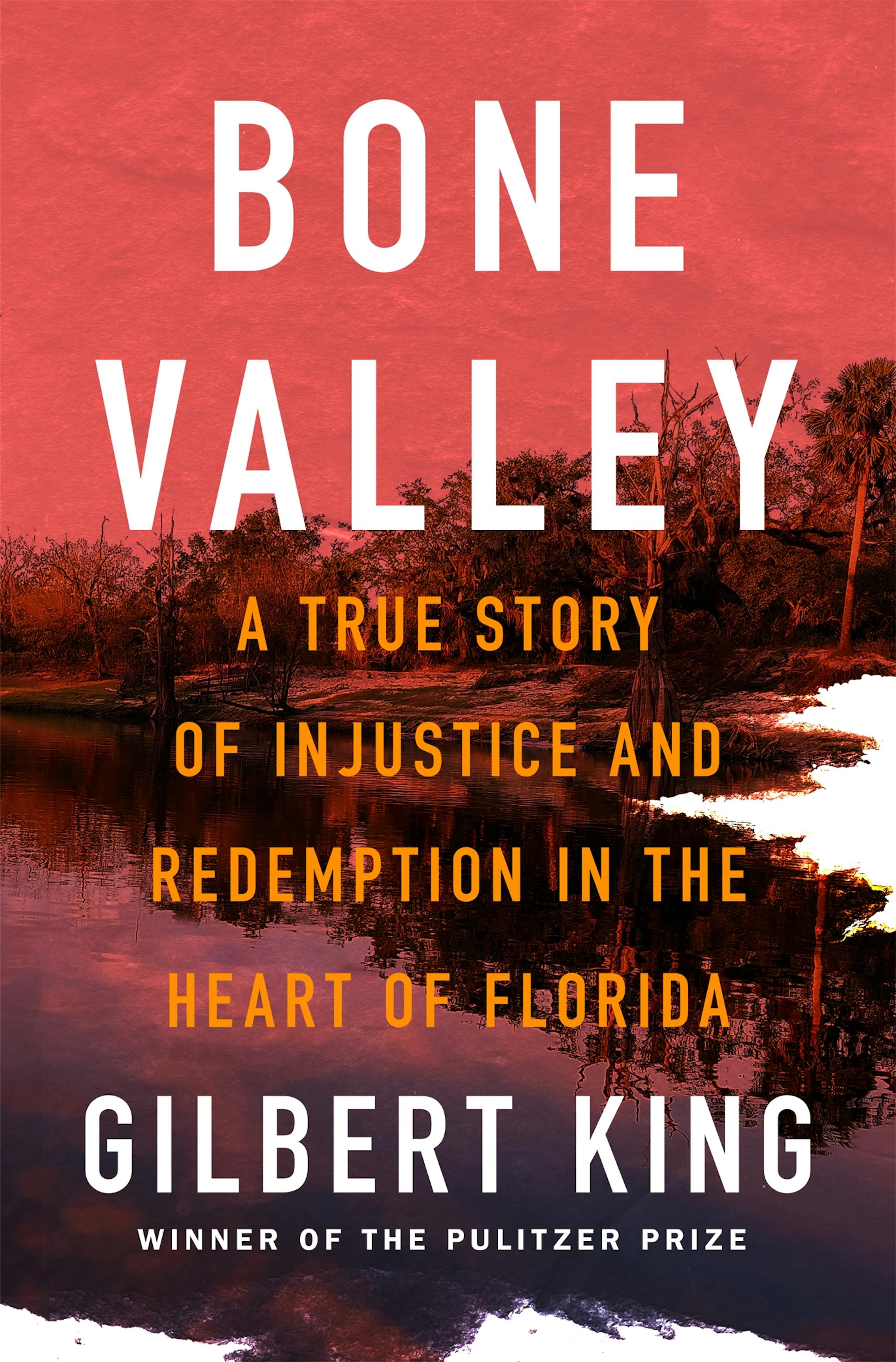 red-tinted cover of Bone Valley depicts a photo of a deserted Florida swamp