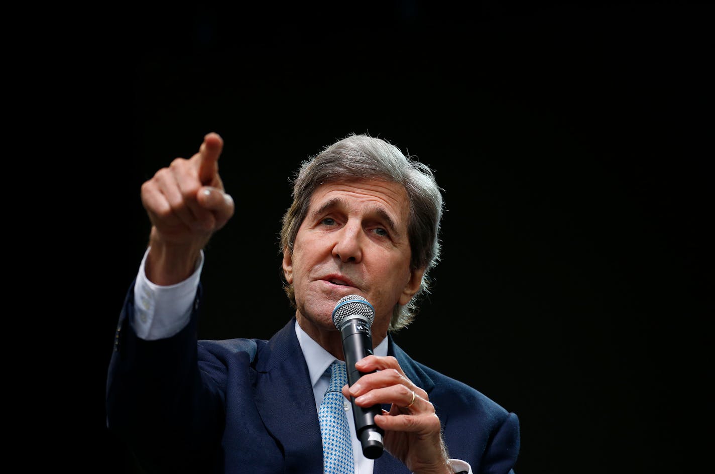 Former Massachusetts Senator John Kerry points as he speaks at the Forbes 30 Under 30 Summit, Monday, Oct. 1, 2018, in Boston. (AP Photo/Mary Schwalm)