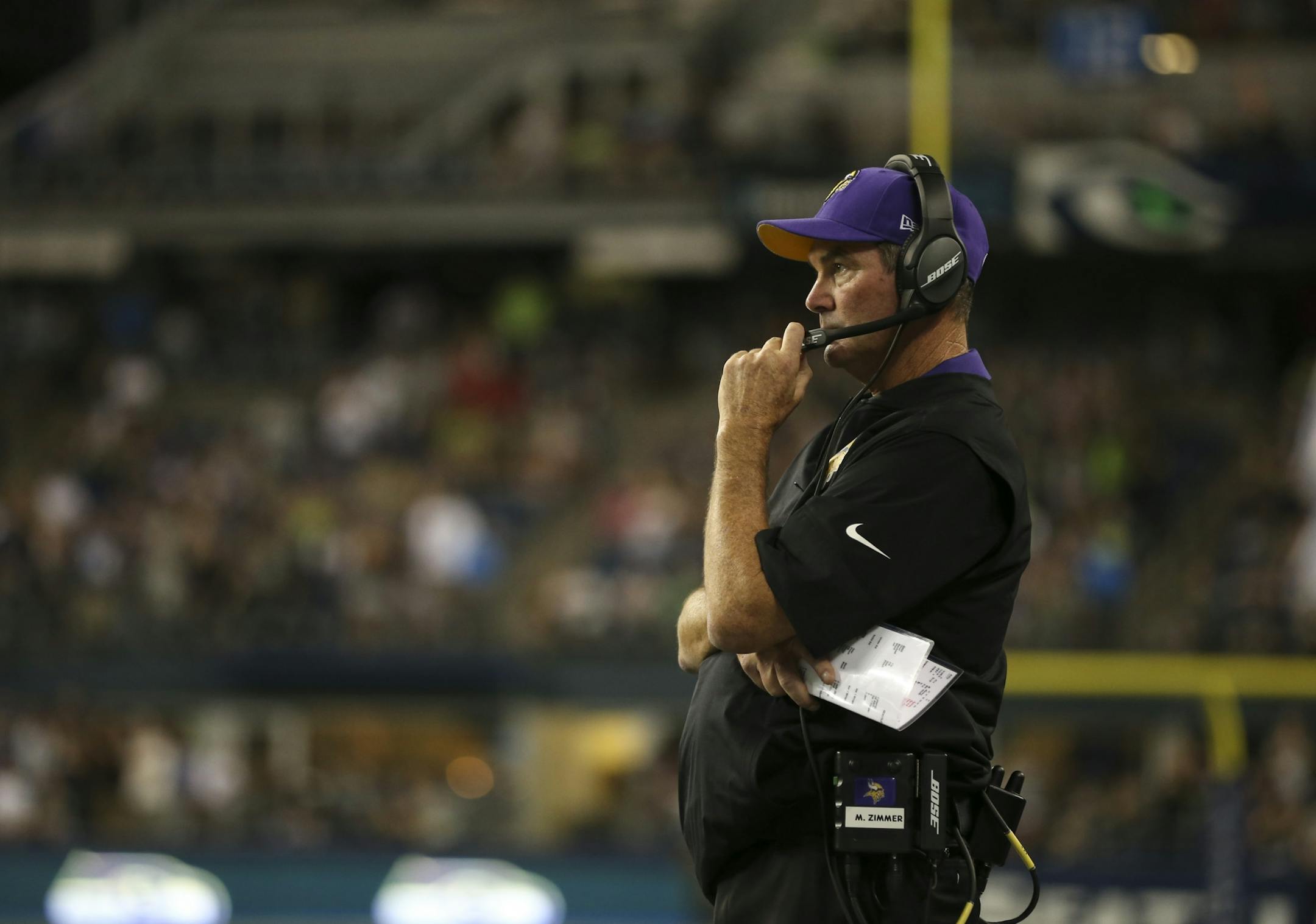 Vikings head coach Mike Zimmer watching the Seahawks final drive in the fourth quarter Thursday night.