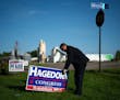 Rep. Jim Hagedorn knocked on doors and talked with folks in Le Sueur, Minnesota during a campaign swing. He put a sign up at the home of a supporter. 