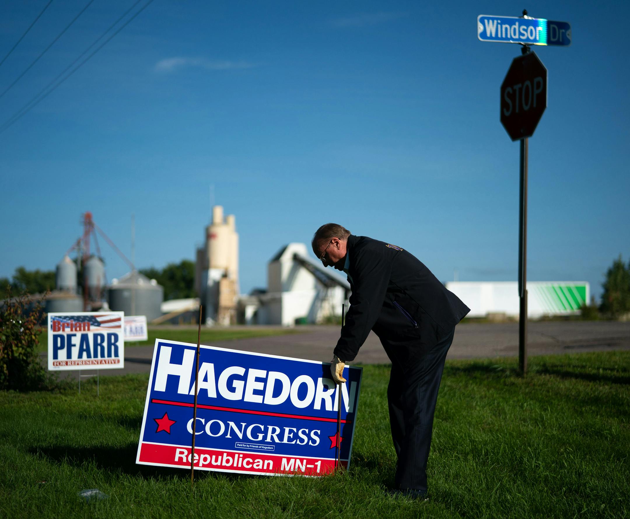 Rep. Jim Hagedorn knocked on doors and talked with folks in Le Sueur, Minnesota during a campaign swing. He put a sign up at the home of a supporter. ] GLEN STUBBE • glen.stubbe@startribune.com Thursday, September 10, 2020