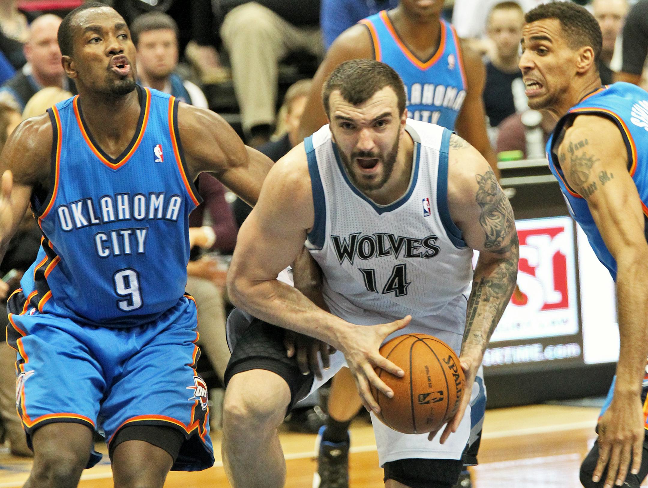 Minnesota Timberwolves vs. Oklahoma City Thunder. Minnesota won 101-93. Wolves Nikola Pekovic (14) wound his way through the Thunder defense before going up for two of his game-high 22 points. (MARLIN LEVISON/STARTRIBUNE(mlevison@startribune.com (cq program)