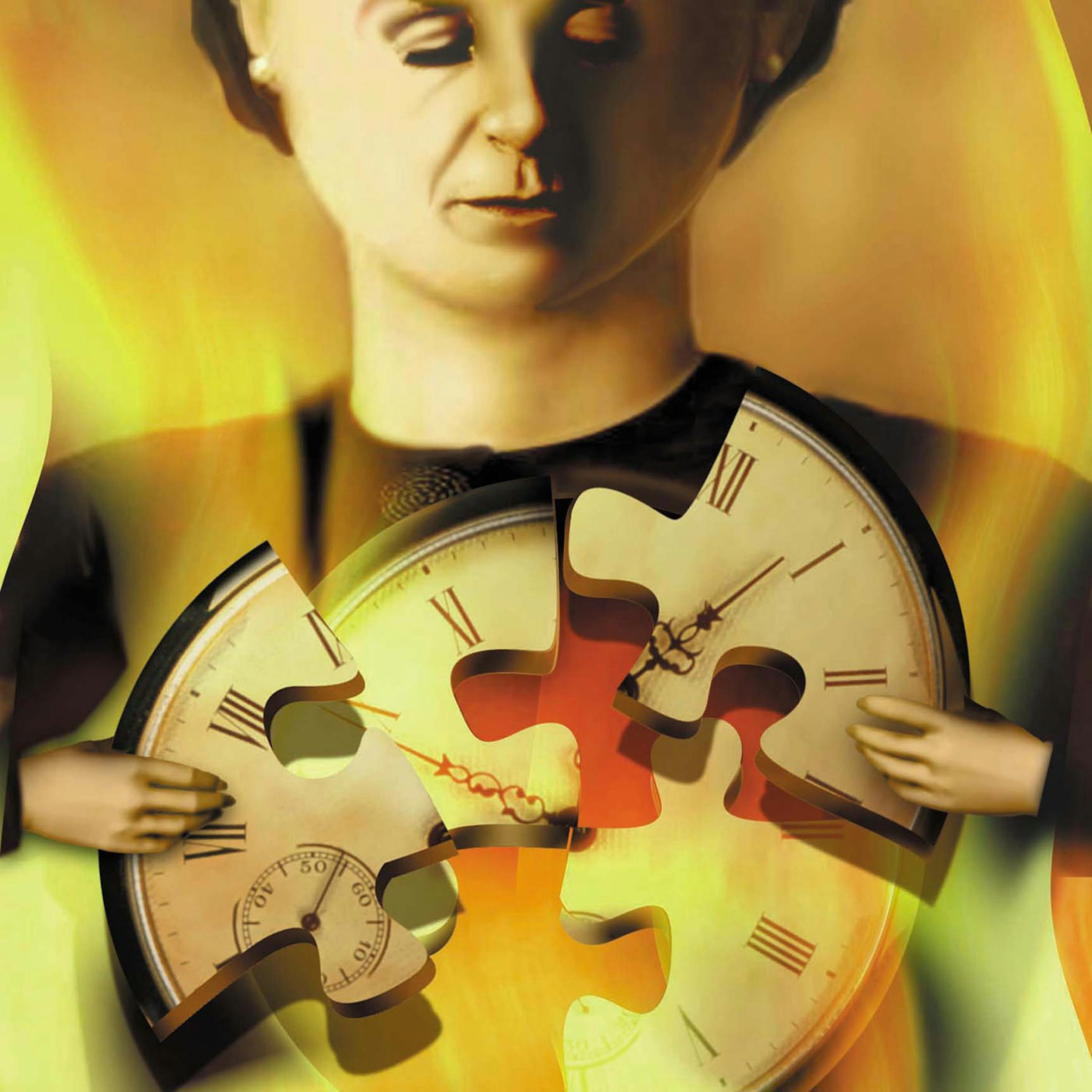 300 dpi 3 col x 5.75 in / 146x146 mm / 497x497 pixels Rick Nease color illustration of mature woman holding the broken puzzle pieces of a clock. Detroit Free Press 2002 <p>KEYWORDS: menopause women health aging biological clock time memory alzheimers illustration menopausia mujer salud edad reloj biologico tiempo memoria envejecimiento ilustracion grabado contributed de nease 2002