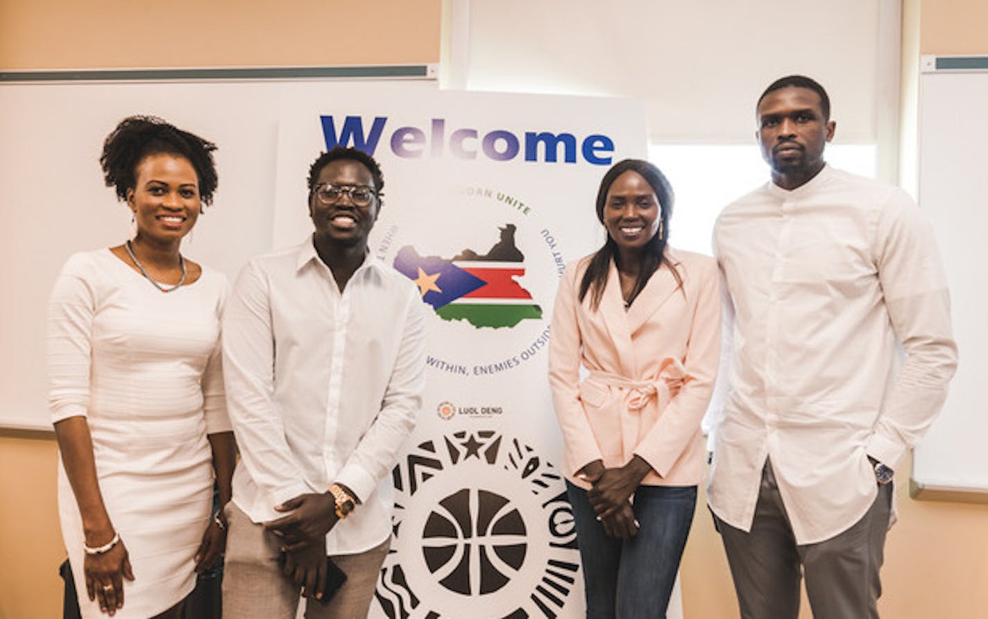 Immigrant refugees contribute: Dr. Noela Mogga, Akeem Akway,Athieei Lam and Luol Deng. They participated in a recent conference of South Sudanese diaspora and others, underwritten by Minnesota Timberwolf Luol Deng, a refugee to the United Kingdom with his family as a boy. Photo: Nate Araya