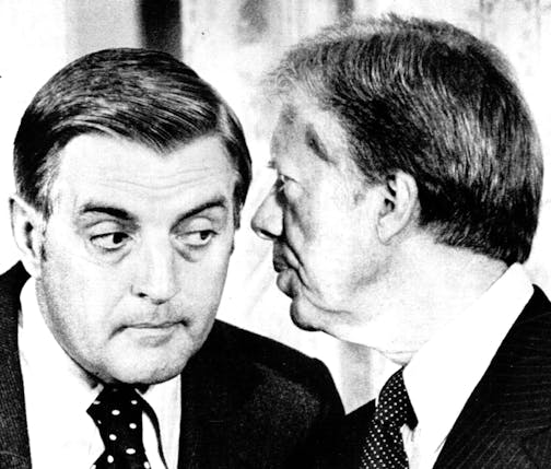 October 18, 1979 High-level, but low-decibel, conference - Vice President Walter Mondale listed intently to President Carter Wednesday during a ceremony in the White House at which carter signed legislation creating the Department of Education. The precise topic of their conversation wasn't known. United Press International ORG XMIT: MIN2015101515022781