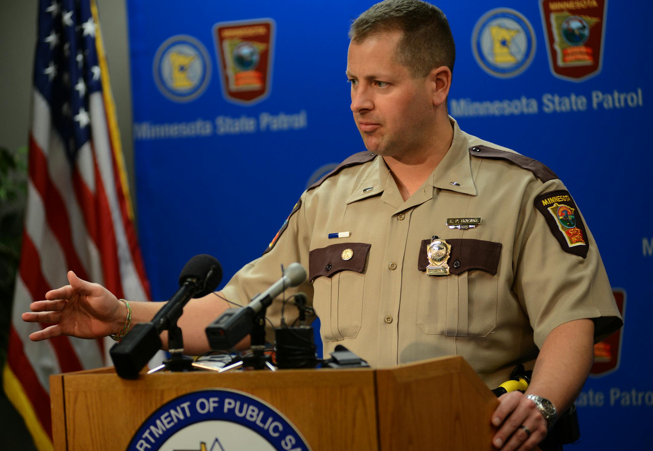 Lt. Eric Roeske of the minnesota State Patrol talked about the deadliest weekend on the roads in Minnesota for the year 2013 in a press conference held at the Minnesota Department of Public Safety in St Paul. Three people died and five were injured Sunday when their minivan overturned on a busy segment of Interstate 94 in north Minneapolis, closing off a portion of the highway for much of the afternoon. ] Richard.Sennott@startribune.com Richard Sennott/Star Tribune. , St Paul, Minn. Monday 4/8/1