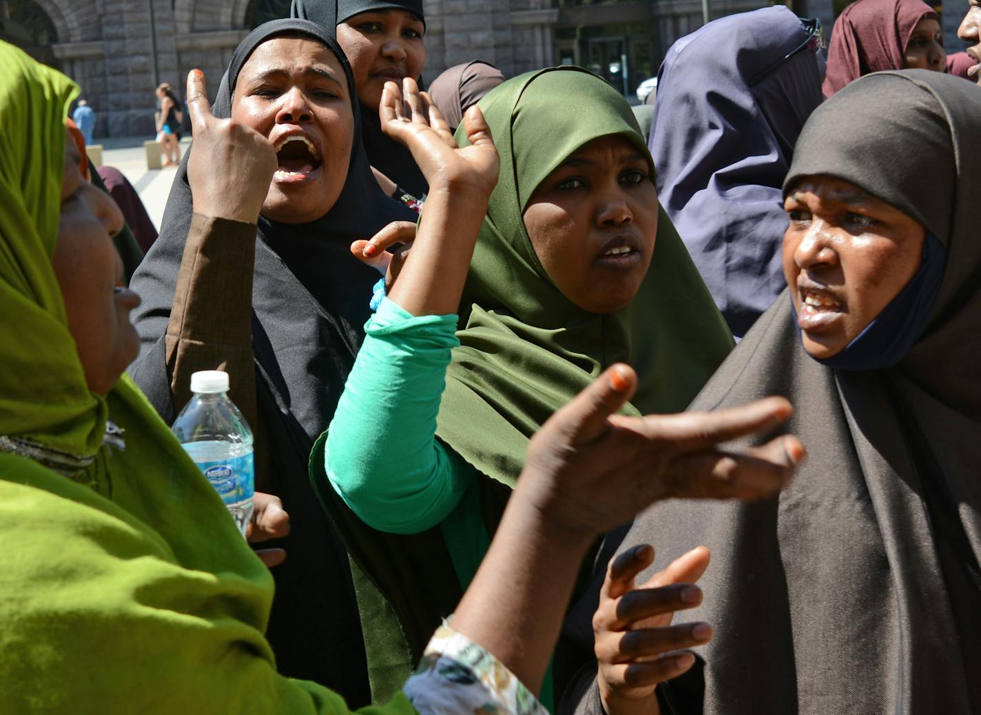 The two women sentenced for raising money for Al-Shabab had a number of supporters at the federal courthouse in Minneapolis.
)