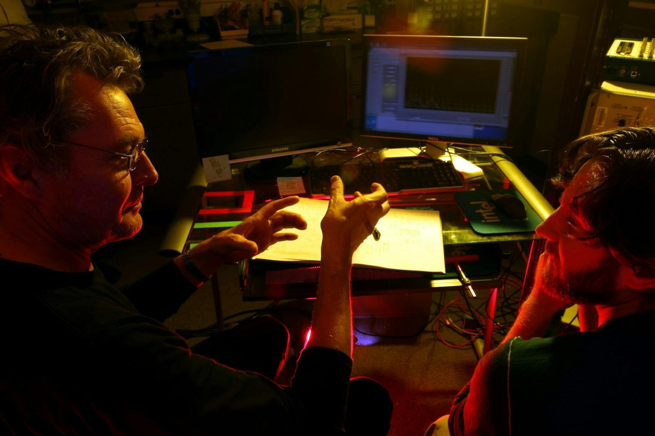 Jim Gimzewski, left, and Henry Sillin at work in their lab at UCLA in Westwood, Calif., July 24, 2013. (Genaro Molina/Los Angeles Times/MCT)