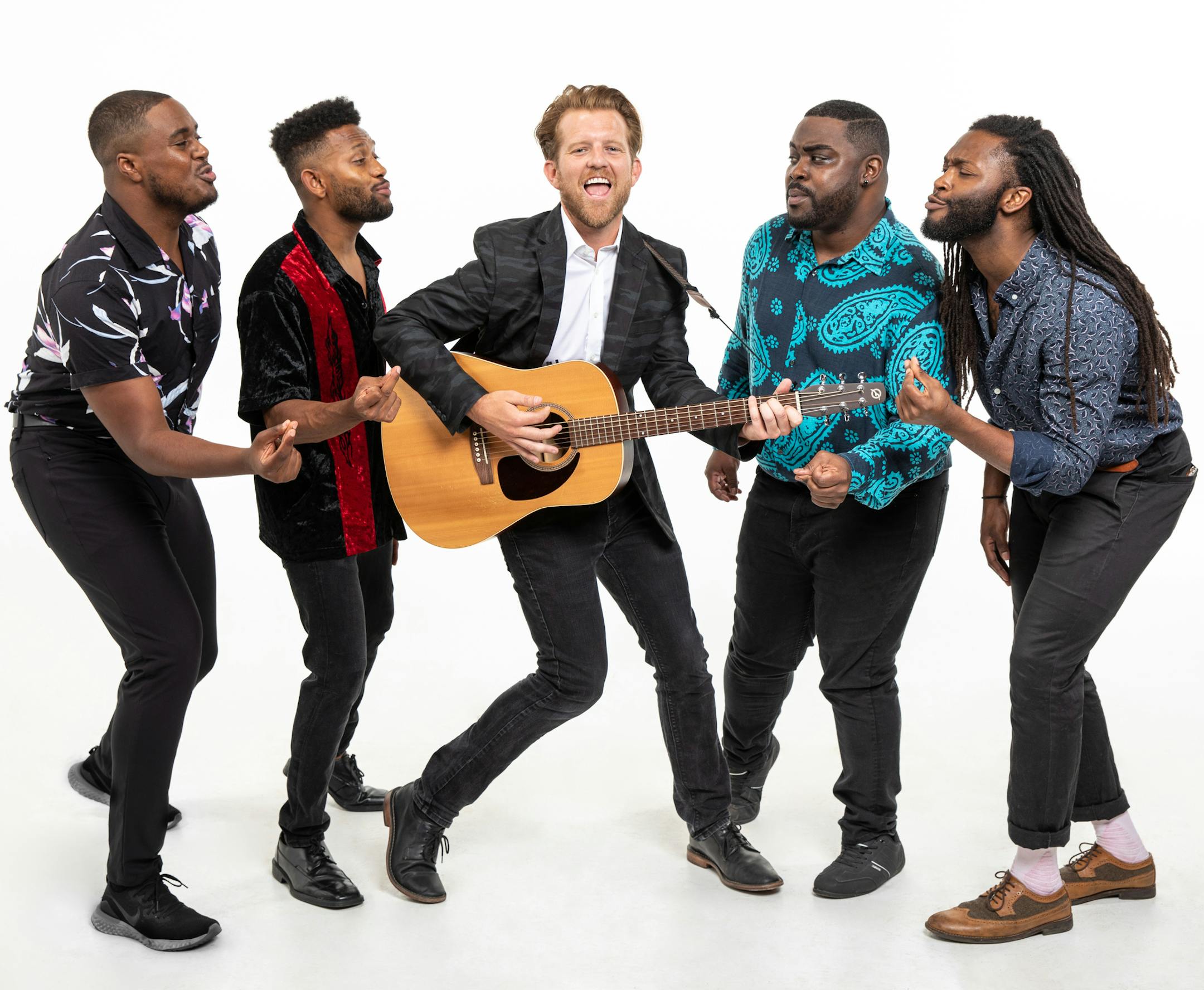 Shavey Brown, Kevin Brown, Jr., Ben Bakken, Rendell DeBose, and Dwight Leslie of Smokey Joe's Cafe company. Photo by Dan Norman.