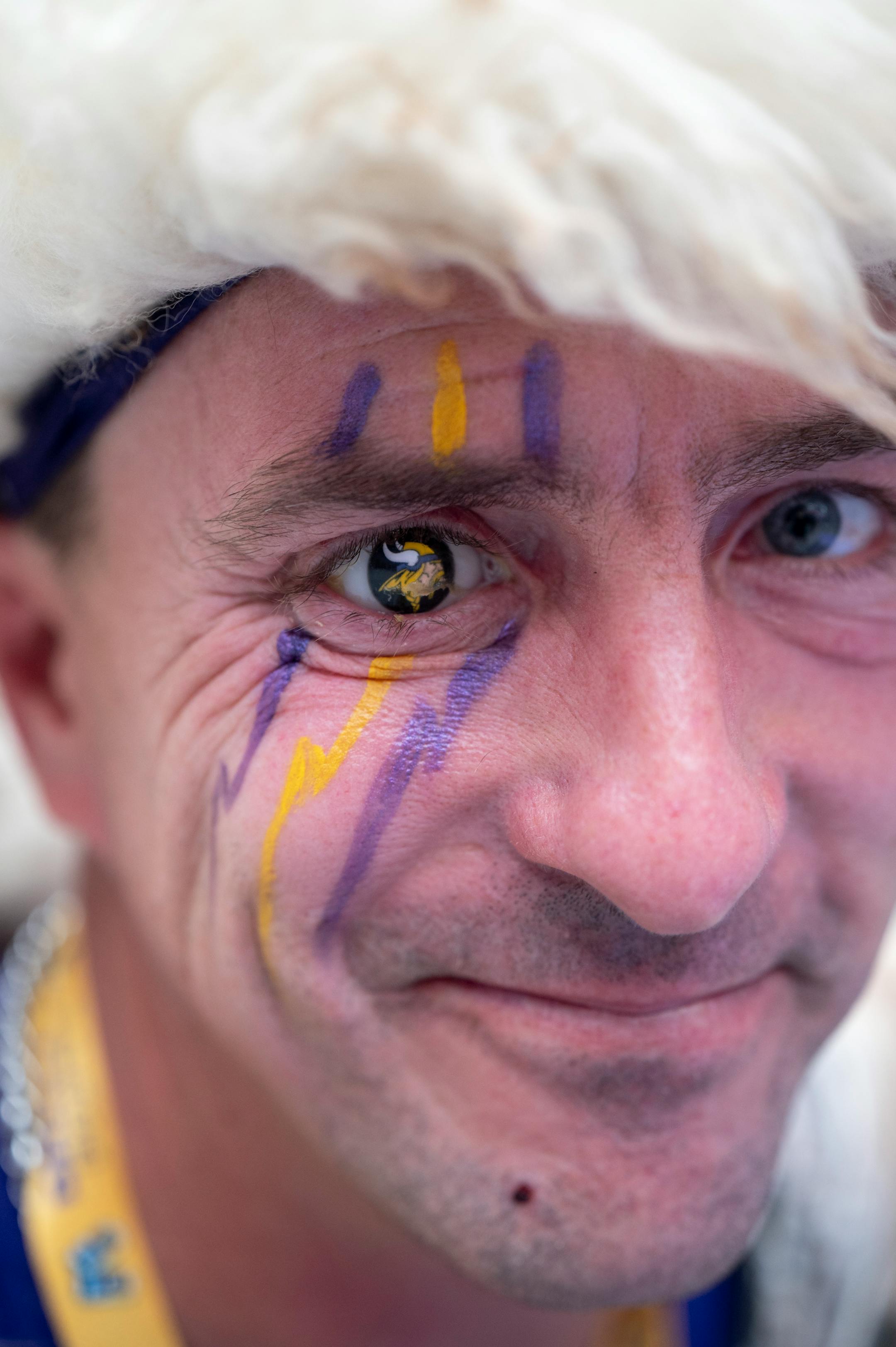 Brian Foss, of Rice, shows off his prosthetic Vikings eye during the Vikings NFL Draft Party.