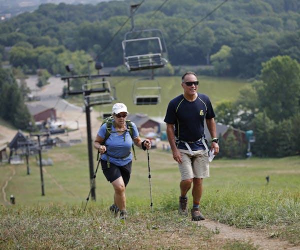 Marsha McDonald (left) is training for the Superior Trail where she will walk 25 miles a day. Patrick Hinch is training for a hike on the Inca Trail t