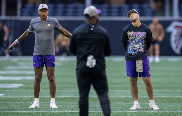 Vikings quarterbacks Joshua Dobbs, left, and Jaren Hall, right, may not be done competing for the starting job.