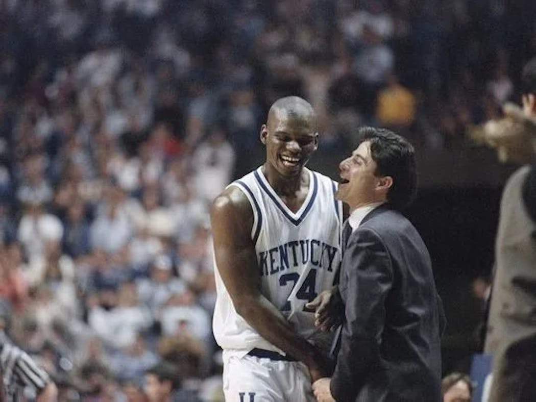 Kentucky coach Rick Pitino and Jamal Mashburn St. laughed during a game at the 1993 SEC basketball tournament.