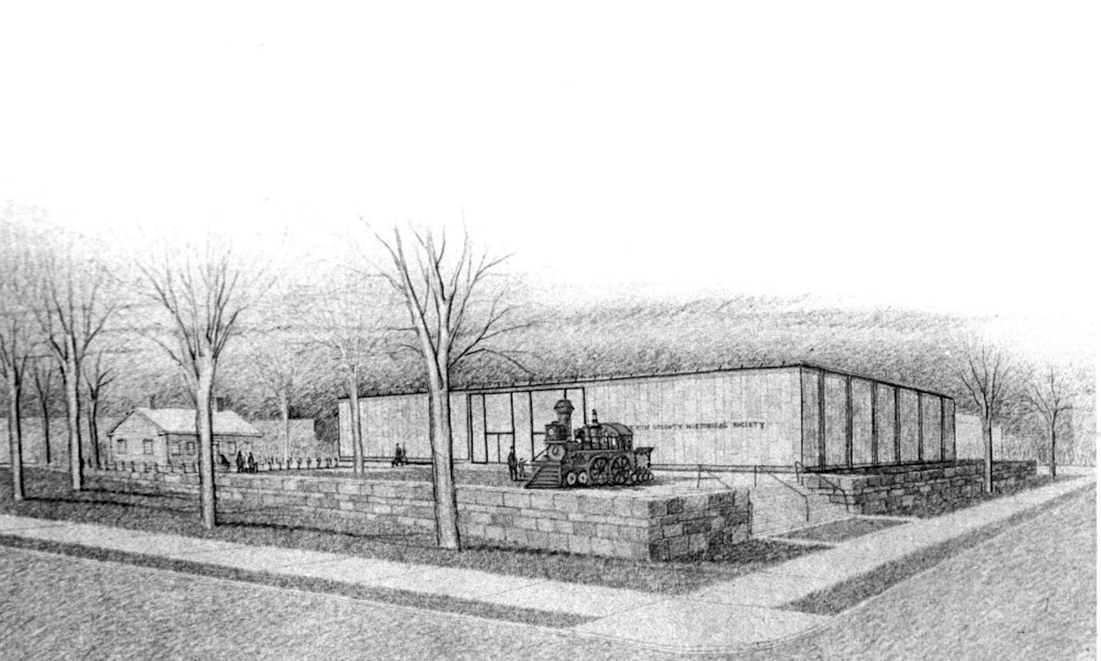 A drawing of a proposed Hennepin County Historical Society headquarters beside the Godfrey house in Chute Square. The plan never materialized. The society would later move to their current location on 3rd Avenue.