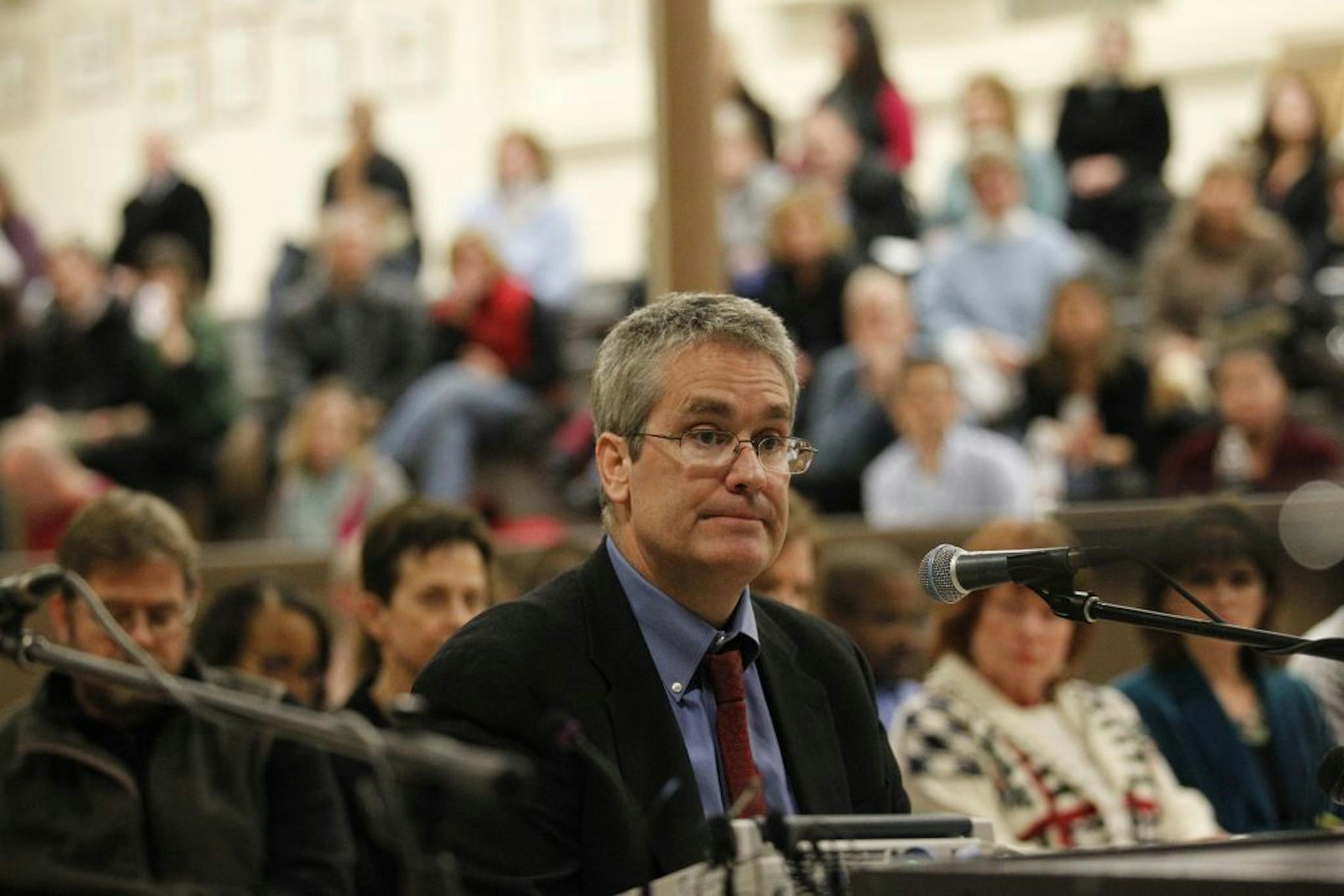 Rick Erickson of Eden Prairie spoke against the school board school boundary changes Tuesday night.
