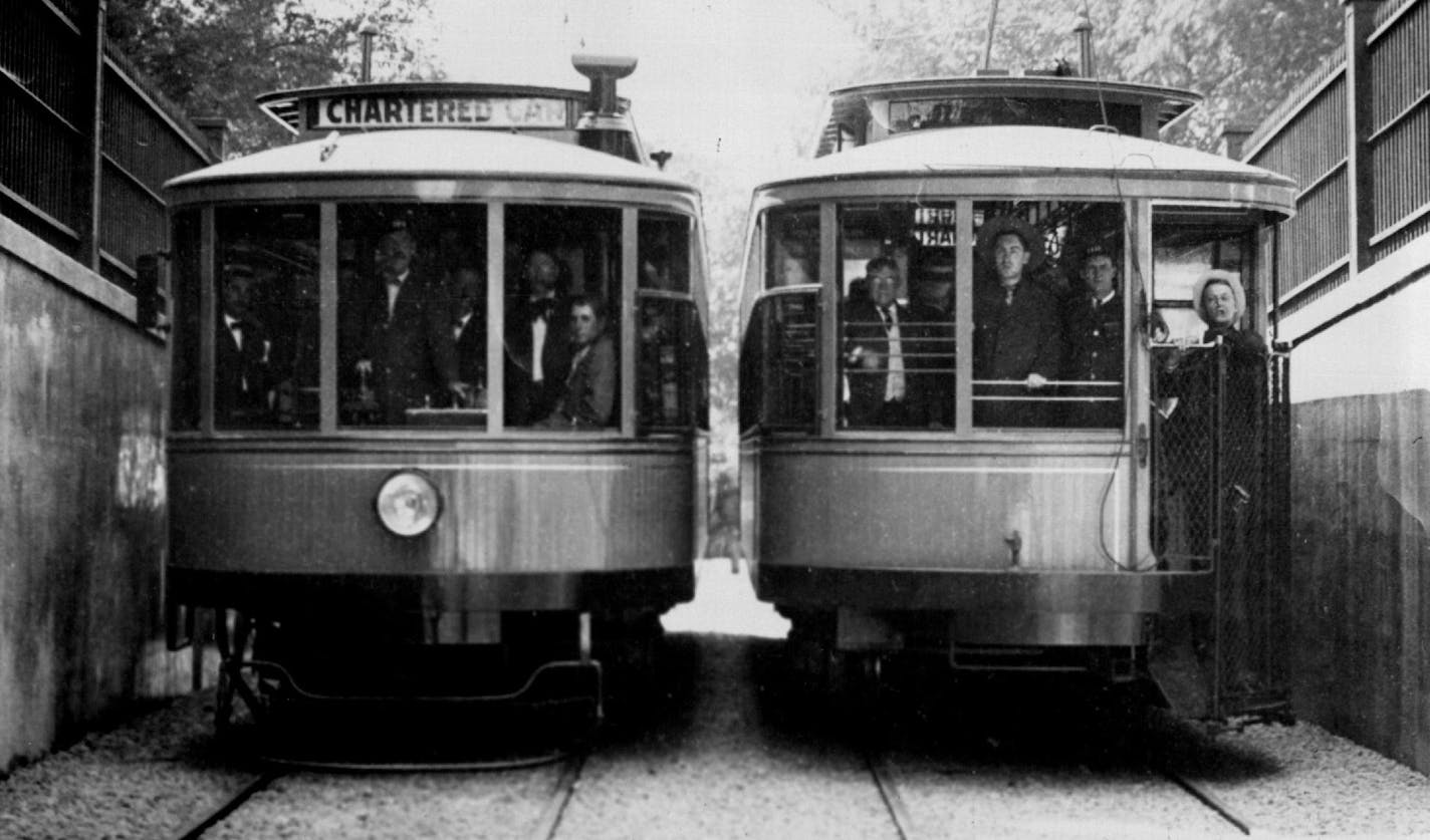 The first Twin City Rapid Transit Co. streetcars pass through St. Paul's Selby Tunnel in Sept. 1907.