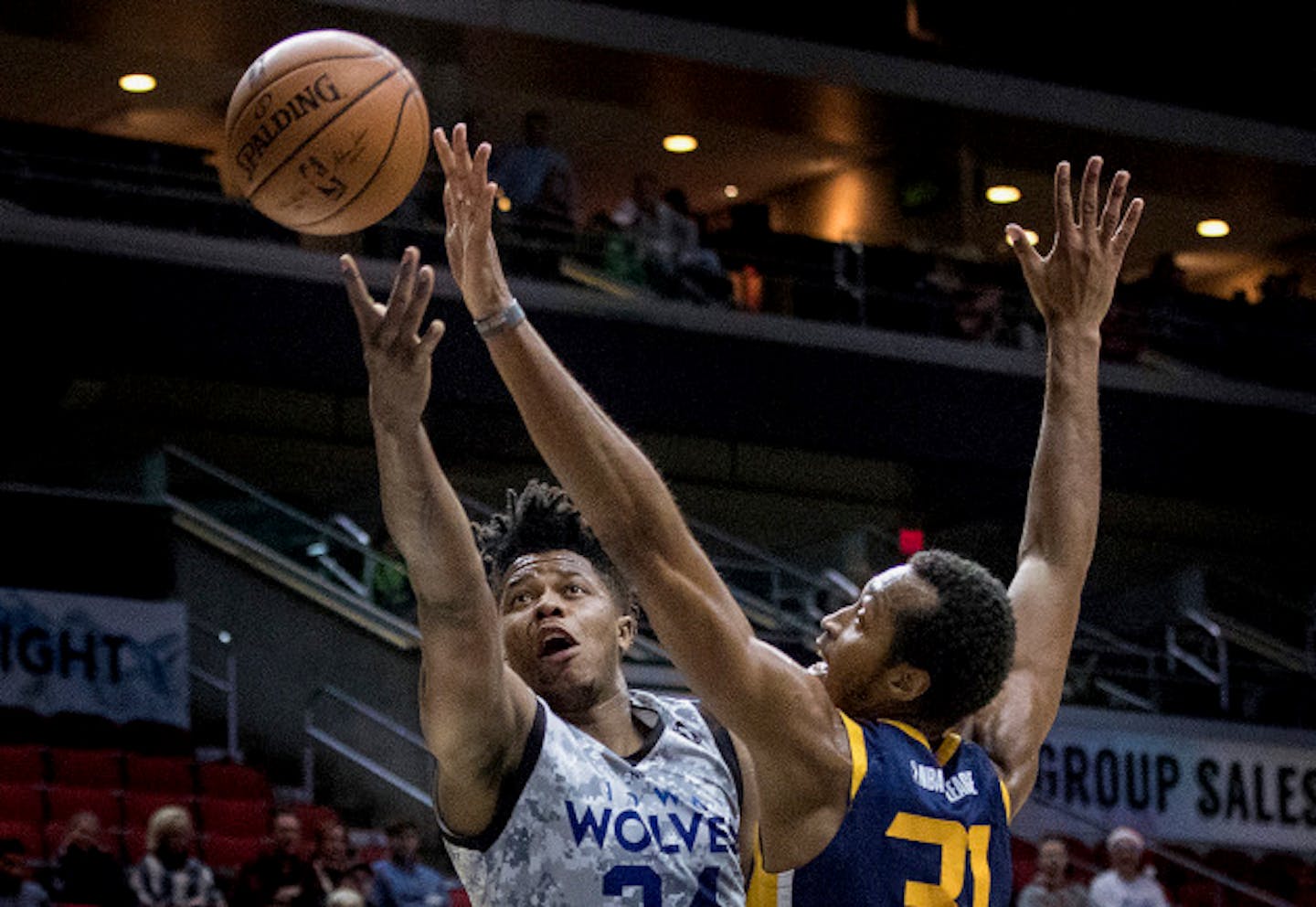 Justin Patton during a game Friday night for the Iowa Wolves. Patton was playing in his first game after returning from an injury.