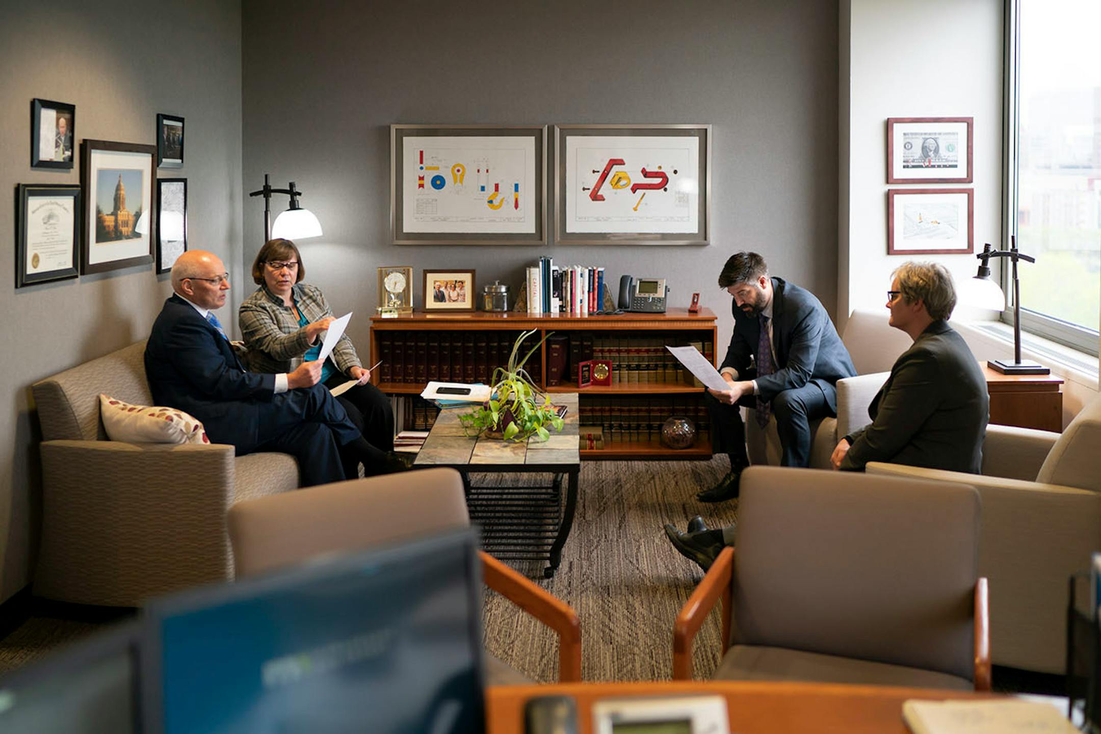 MMB Commissioner Myron Frans met with State Economist Laura Kalambokidis, Deputy Commissioner Eric Hallstrom and State Budget Director Margaret Kelly on the eve of releasing the monthly revenue update.