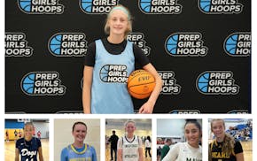 At the top, Malin Youngberg of Little Falls. Bottom row. left to right: Andie Changamire (Becker); Brielle Denkmann (Wayzata); Jayden Sonnenberg (Fraz