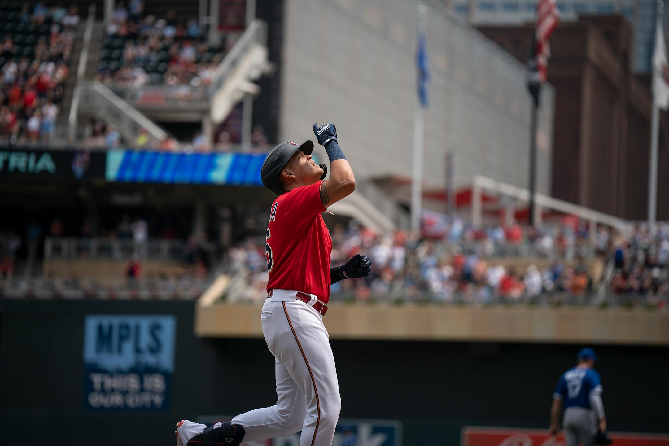 Minnesota Twins third baseman Gio Urshela (15) celebrates his 3 run homer in the third inning.