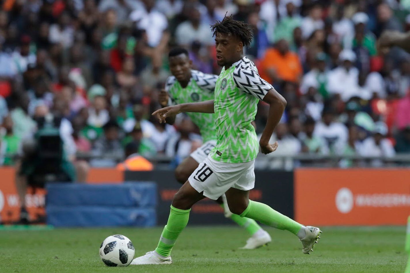 Nigeria's Alex Iwobi during a soccer match between England and Nigeria at Wembley stadium in London, Saturday, June 2, 2018.