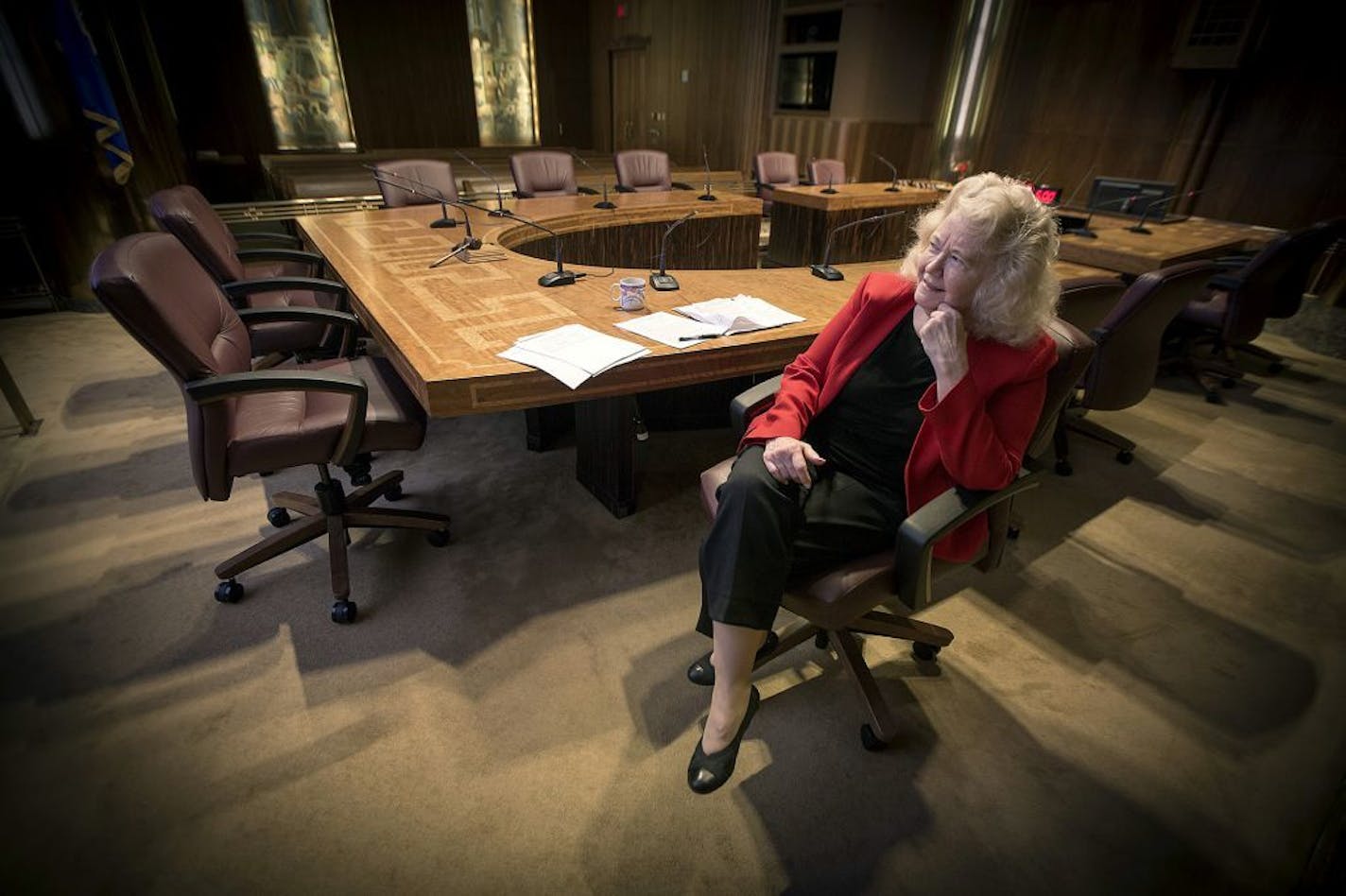 Janice Rettman worked alone in the council chambers before the Ramsey County board meeting, Tuesday, August 15, 2017 in St. Paul, MN.