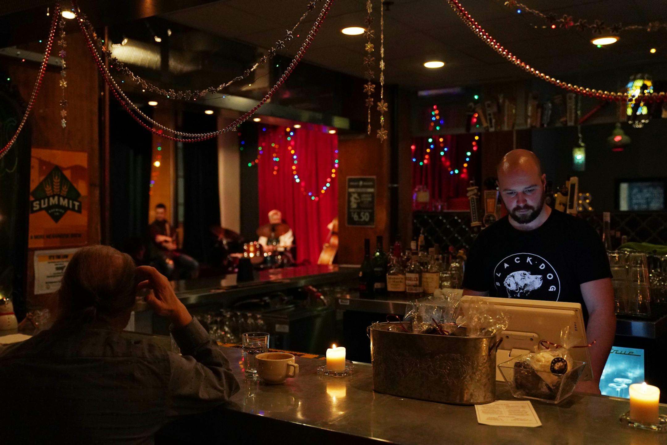Patrons listened as John Raymond on the trumpet, Graydon Peterson on the bass, and Phil Hey on the drums entertained the crowd with Jazz Saturday evening at the Black Dog Cafe.