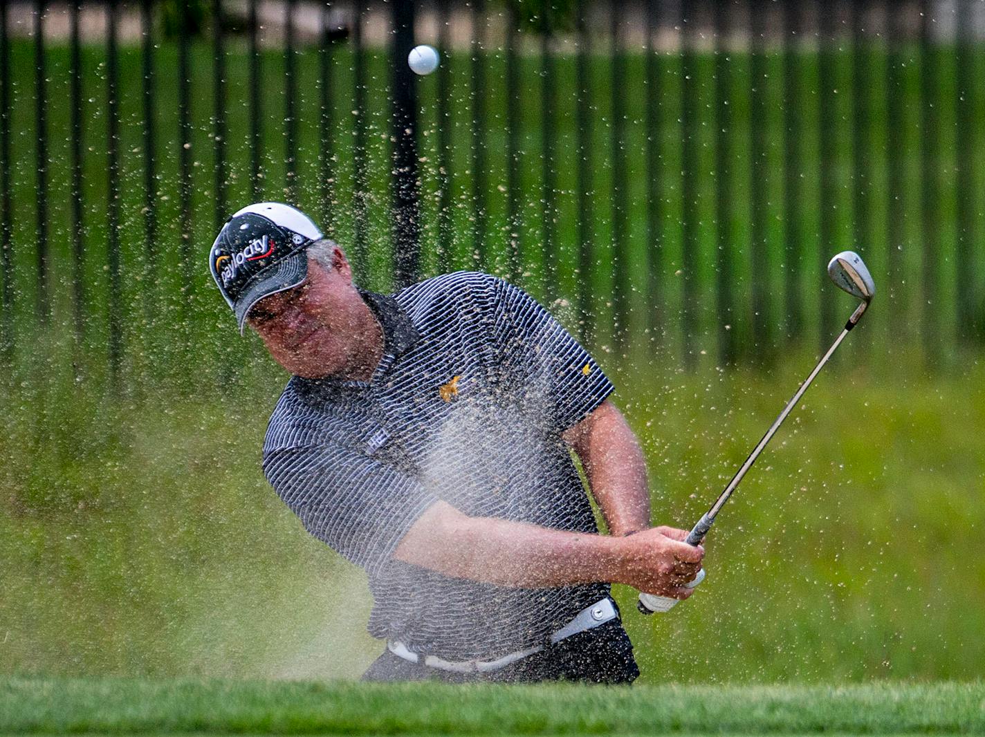 Kenny Perry hits a ball out of a bunker in the final round of the 3M Championship. ] ALEX KORMANN • alex.kormann@startribune.com The final day of the 3M Championship took place on Sunday August 5, 2018 at TPC Twin Cities. Kenny Perry led going into the final round and never relinquished that lead despite a strong performance from Wes Short Jr., who finished only three strokes behind.