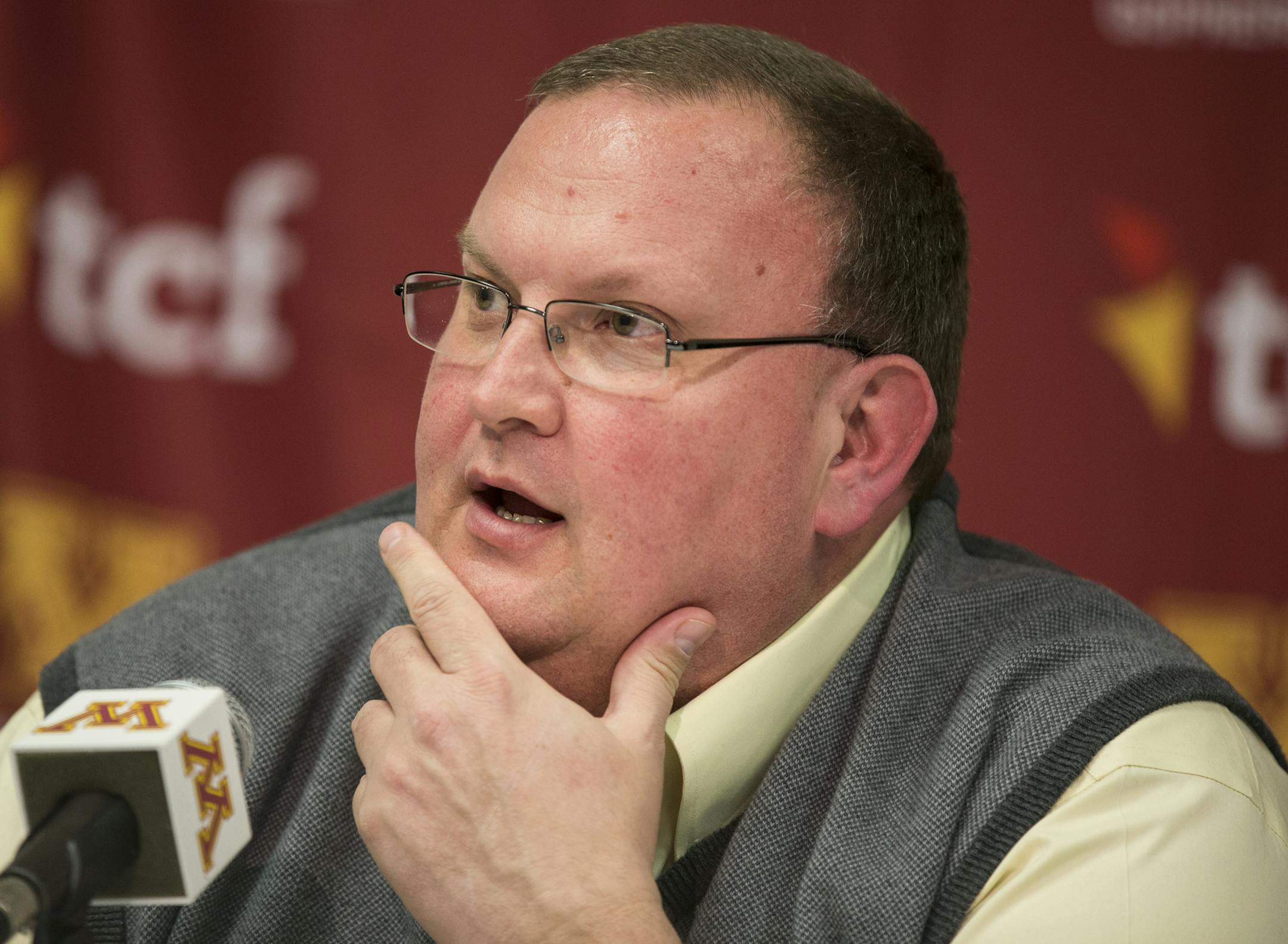 Minnesota football head coach Tracy Claeys speaks to the press about signing day at the University of Minnesota in Minneapolis on Wednesday, February 3, 2016. ] (Leila Navidi/Star Tribune) leila.navidi@startribune.com