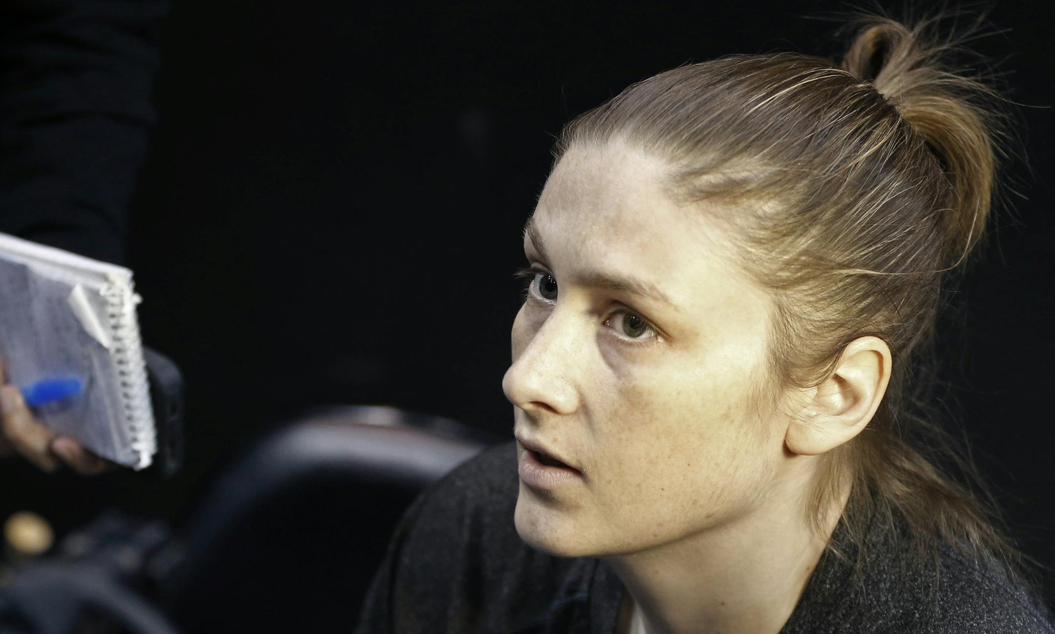 Minnesota Lynx's Lindsay Whalen takes questions from the media, Tuesday, Oct. 13, 2015, in Minneapolis as the team prepares for the decisive Game 5 of the WNBA basketball finals against the Indiana Heat.(AP Photo/Jim Mone)